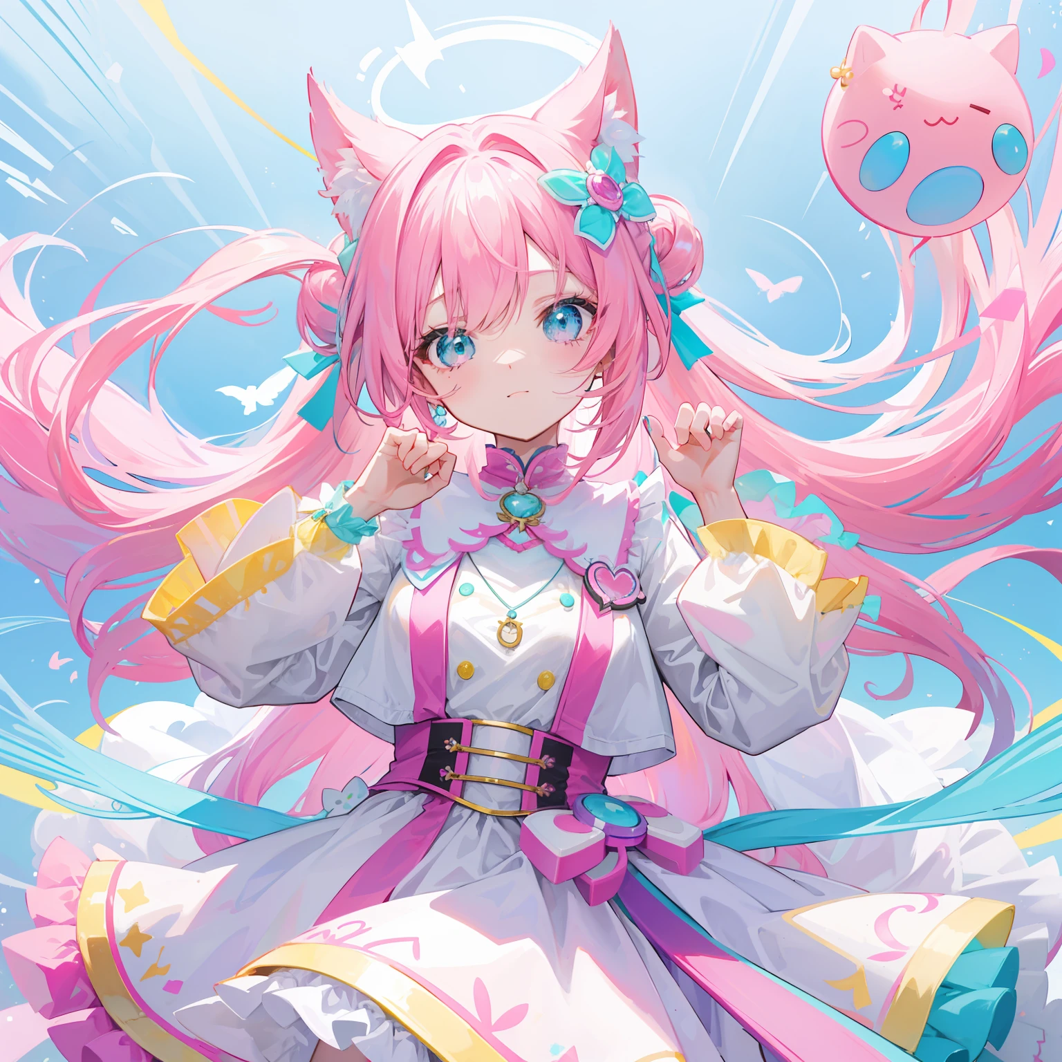Colorful light background,long whitr hair,Has a bright pinkish-purple transparent gum texture,In pink、Wear yours with blue and white,yellow and greens,Cyan matching accessories pendant decoration,This is a very sweet and sweet li girl