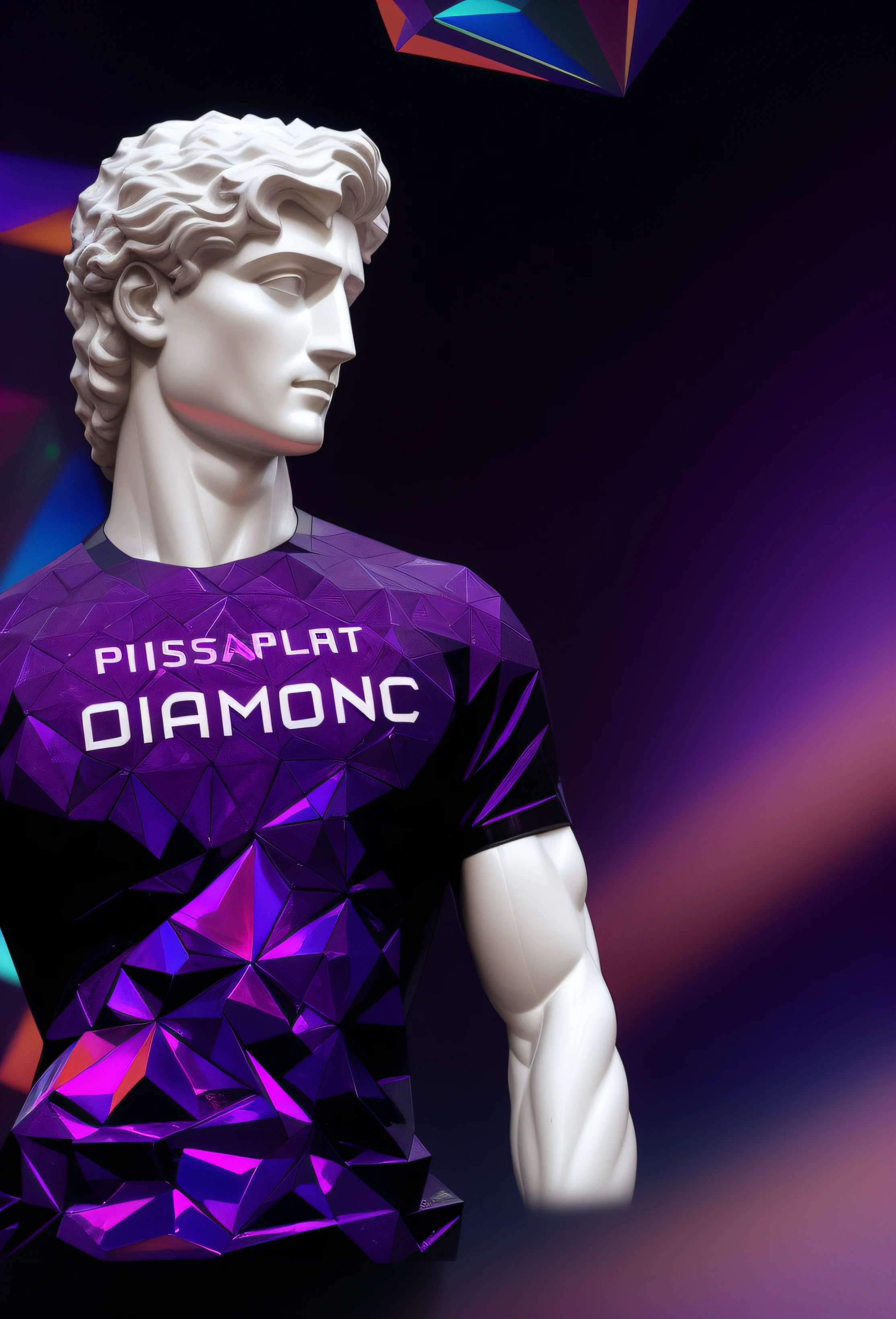 Arafed statue of a man with a shirt, pele de diamante, passaporte, inspirado em Arnold Bronckhorst, inspired by Sava Šumanović, feito de diamante, inspirado em Alexander Kanoldt, Diamante, "Diamantes, cores vaporwave, Swarovski, detalhes fractais pele de diamante, baroque vaporwave statue, arte digital detalhada