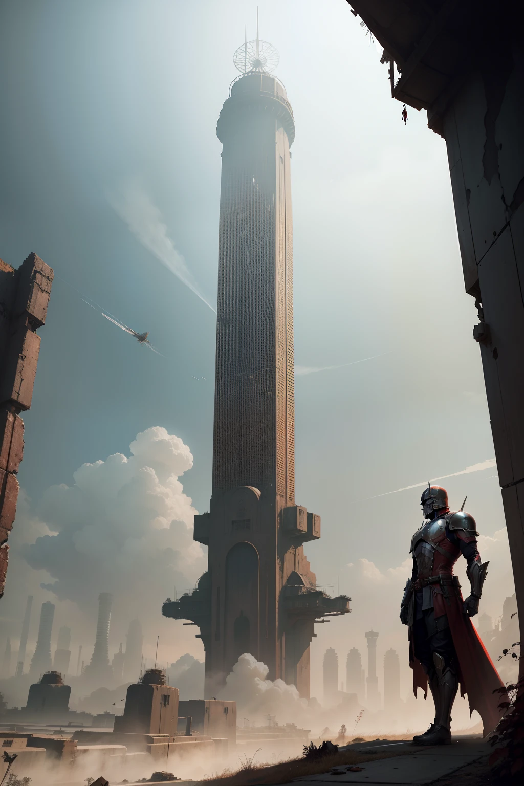 - The Imperial Sword Man is surrounded by a group of small red wasteland-style flying machines,The background is an abandoned ancient city,Towering industrial towers are everywhere and there is some withered vegetation