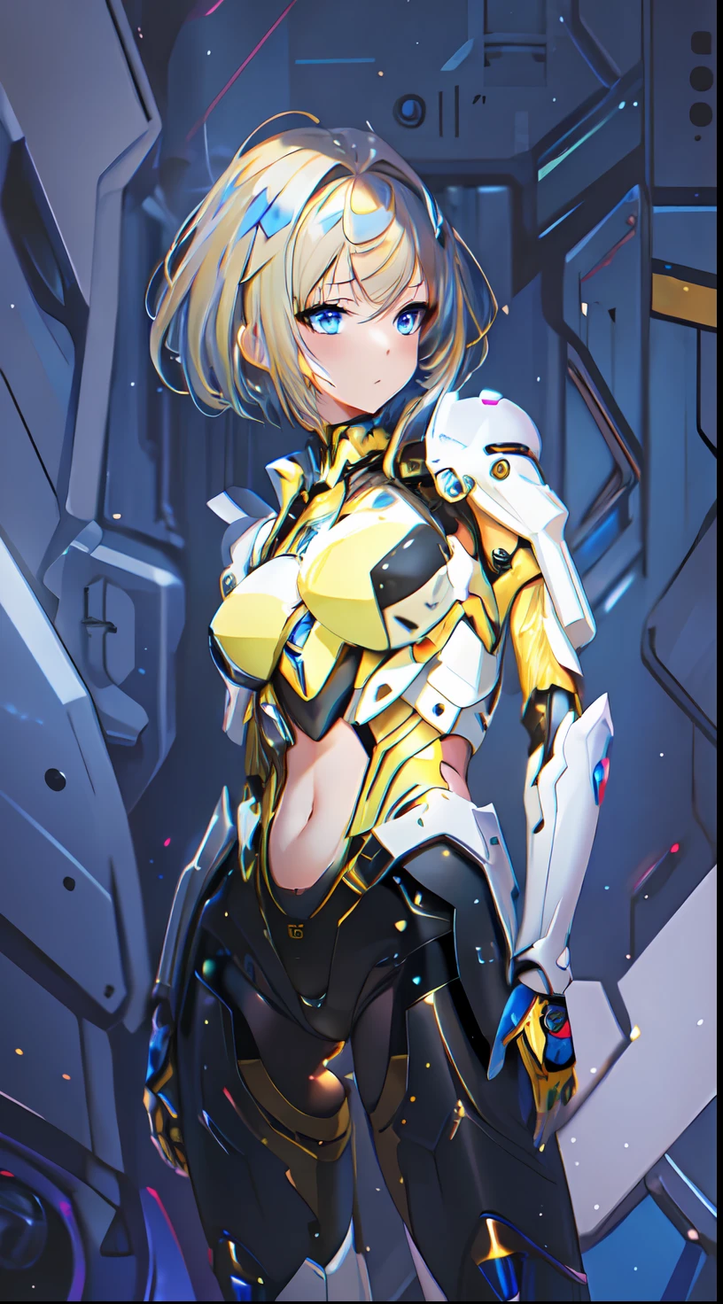 High Quality, Ultra High Resolution, Ultra Realistic, Super Detailed, Robot, mecha, metal bodysuit, Slim, beautiful, blue eyes, 1girl, yellow hair, short hair, Full Face, Full Body, faint blush, Metallic, Metallic, Luxury, Metallic, One, BREAK, concert stage, detailed background, depth of field, cinematic,