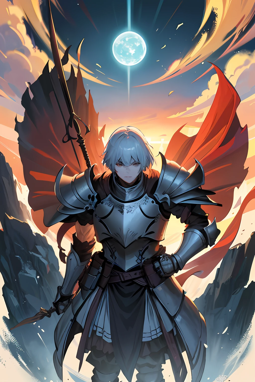Original Character、Fantasy concept art、Volumetriclighting、best shadow、shallowdepthoffield、Portrait of a noble knight、dignified、Sophisticated tactical heavy armor、Opaque face armor、Face armor、Shoulder blades、Tassel waistband、Hand Guard、Poleyn、High quality armor texture,broad shoulder,extremely hyper。sword sheath,Stand up,Clench your arms into fists,Gaze at the viewer,Dazzling sunlight,Roman battlefield(HighestQuali,astonishing detail:1.25),(独奏:1.3),Brilliant and colorful paintings