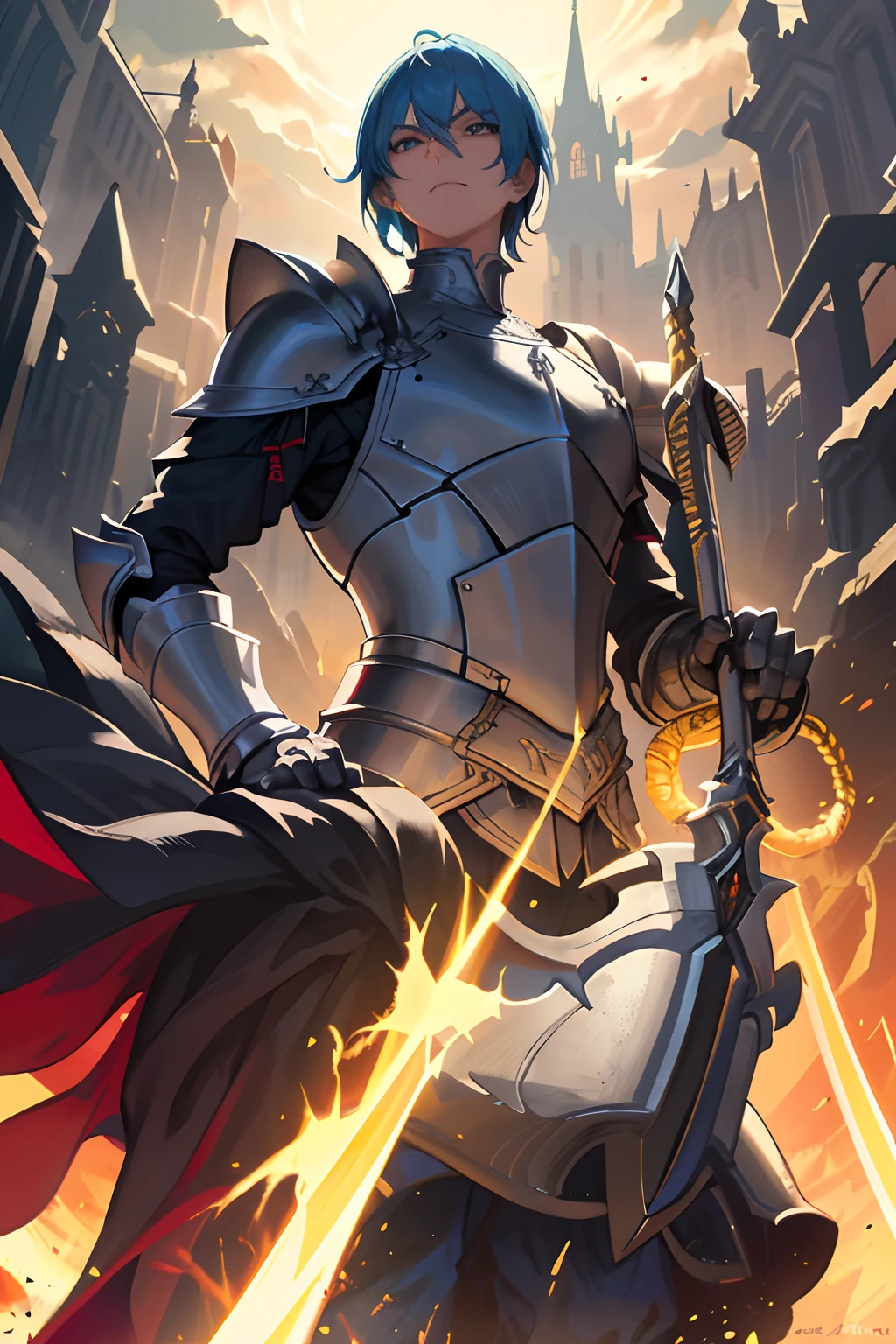 Original Character、Fantasy concept art、Volumetriclighting、best shadow、shallowdepthoffield、Portrait of a noble knight、dignified、Sophisticated tactical heavy armor、Opaque face armor、Face armor、Shoulder blades、Tassel waistband、Hand Guard、Poleyn、High quality armor texture,broad shoulder,extremely hyper。sword sheath,Stand up,Clench your arms into fists,Gaze at the viewer,Dazzling sunlight,Roman battlefield(HighestQuali,astonishing detail:1.25),(独奏:1.3),Brilliant and colorful paintings