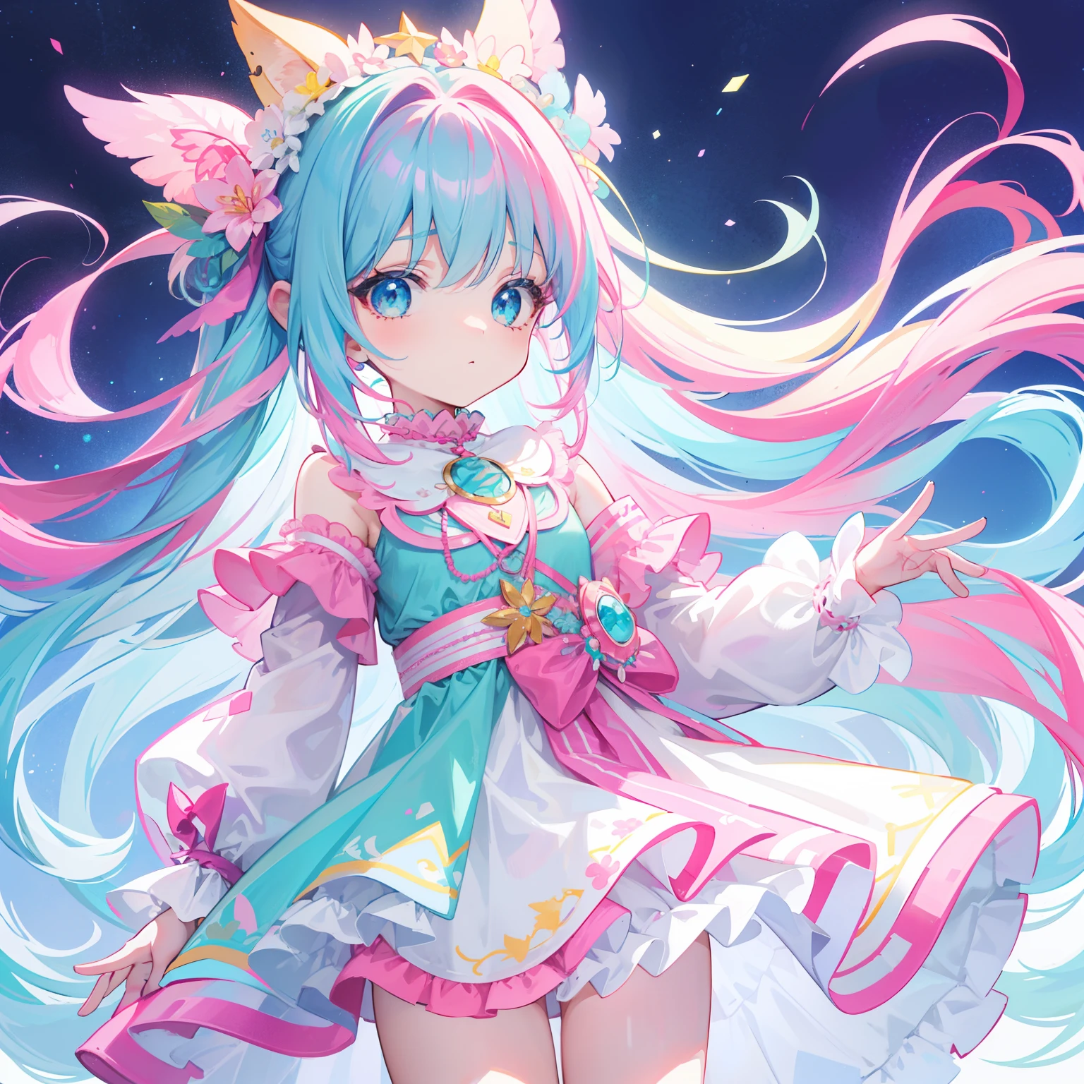 A vibrant, pastel-colored illustration of a young girl with teal hair, styled in twin tails adorned with various colorful accessories, including bows and flowers. She has large, sparkling eyes filled with stars, and a gentle blush on her cheeks. The girl is wearing a light-colored jacket decorated with heart-shaped and floral patterns, which also has a few star-shaped embellishments. She is surrounded by a flurry of glowing, floating stars and petals, creating a whimsical and dreamy atmosphere. The background features a gradient of light pink and dark blue, adding to the ethereal and magical feel of the scene. The overall color palette is dominated by soft pinks, blues, and purples, enhancing the dreamy and cheerful mood.