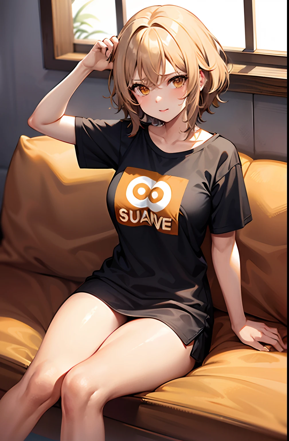 Female, brown hair, older than me, messy hair, new, blonde, Short Hair, orange hair, Lazy, t-shirt, Underwear, Excited face, tired eyes, lazy girl, Sitting on the Sofa, loose hair, big boobs, anime (aegyo sal:1), (platinum blonde hair:1), ((puffy eyes)), looking at viewer, full body, facing front
