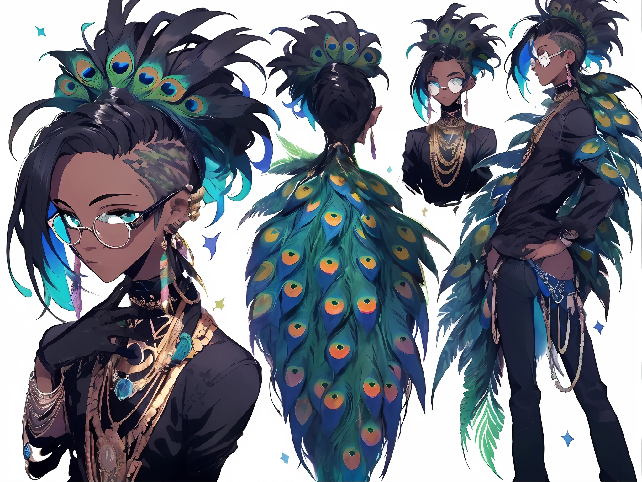 Close-up of a man with a peacock on his head, detailed anime character art, Professional Character Design, anime character design, high quality character design, Colorful! Character design, highly detailed character design, Detailed character design, Anime tribal boy with long hair, Clothes with the image of a peacock magician, anime concept art, Best Anime Character Design, Colorful concept art