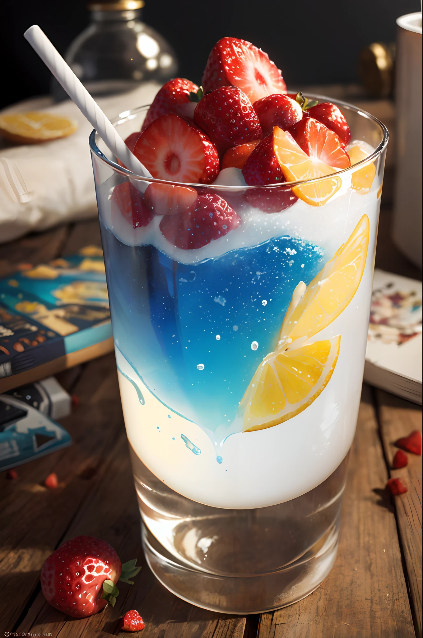 (Magical Photo:1.3) of (Realistic:1.3),(Energetic:1.3) product photography of a strawberries falling into a glass of milk, splash, intricate, epic,(by Artist RHADS:1.3),Highly Detailed,(Provia:1.3)