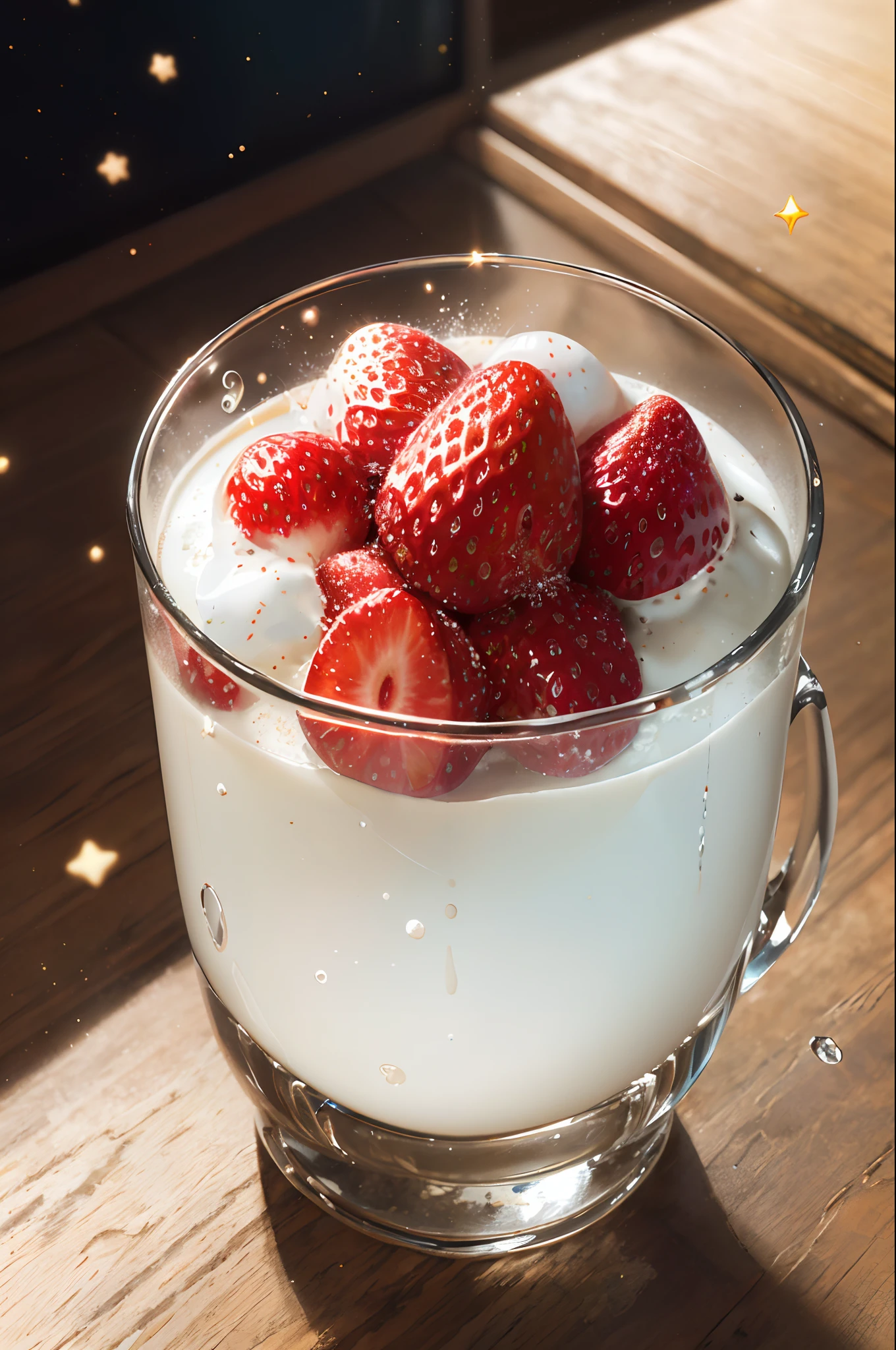 (Magical Photo:1.3) of (Realistic:1.3),(Energetic:1.3) product photography of a strawberries falling into a glass of milk, splash, intricate, epic,(by Artist RHADS:1.3),Highly Detailed,(Provia:1.3)