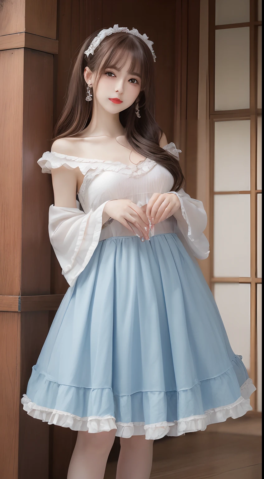 (Best quality images, 8K, Masterpiece: 1.3), 1 girl,[:(详细的脸:1.2):0.2]， Beutiful women，The abdominal muscles are slender: 1.3,Slender legs， (Casual hairstyle, G-cup: 1.6, Clothes with off-the-shoulder breasts 1.3), Gorgeous Lolita costume: 1.1,Superskirt:1.2， Ultra-fine face, Delicate eyes, Double eyelids, Shallow smile, Palatial palace，Temple