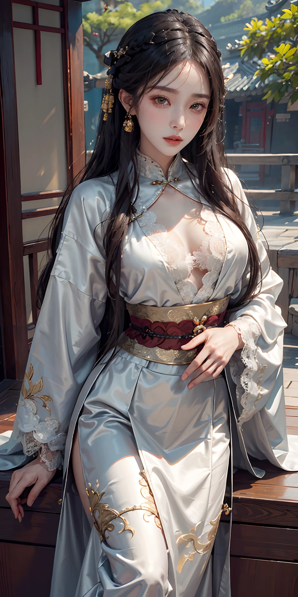 photorealistic, high resolution, soft light,1women, solo, hips up, shining skin, (detailed face),tattoo, jewelry, long hair, ((Chinese woman wears Hanfu, Guochao, Song, chest-length skirt, silk, lace)), chinese achitecture