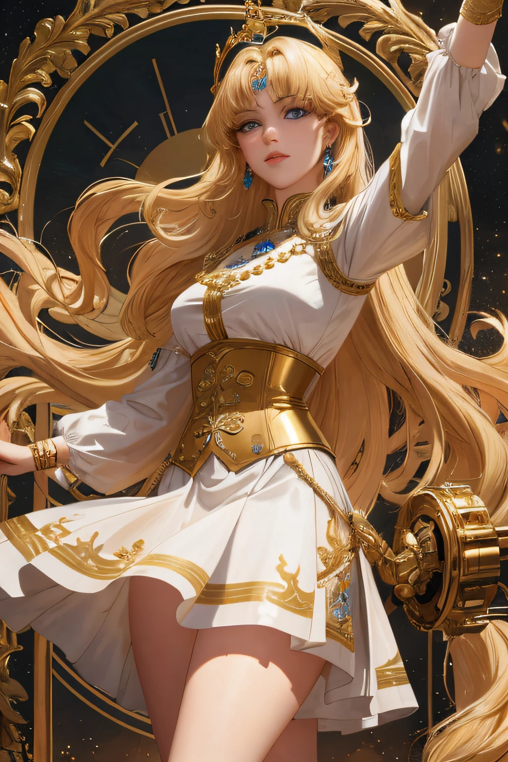 8k, the best quality, masterpiece, highly detailed, semi realistic, 1 girl, young female, 19 years old, with golden long hair and right eye covered by bangs, blue right eye, jewelry crown, palace style white and gold short skirts, slim figure, archery, holding a bow, archery,