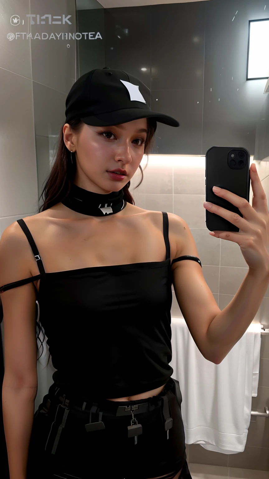 Beautiful woman medium hair, wearing cap, cyberpunk style short clothes, araffed woman taking a selfie in a bathroom mirror, naked. leaked image, she is wearing a black tank top, she is wearing a black dress, leaked photo, sexy look, tiny black bra, instagram model, wearing a sexy cropped top, bella hadid, wearing a black bodysuit, by Eva Frankfurther, face like ester exposito