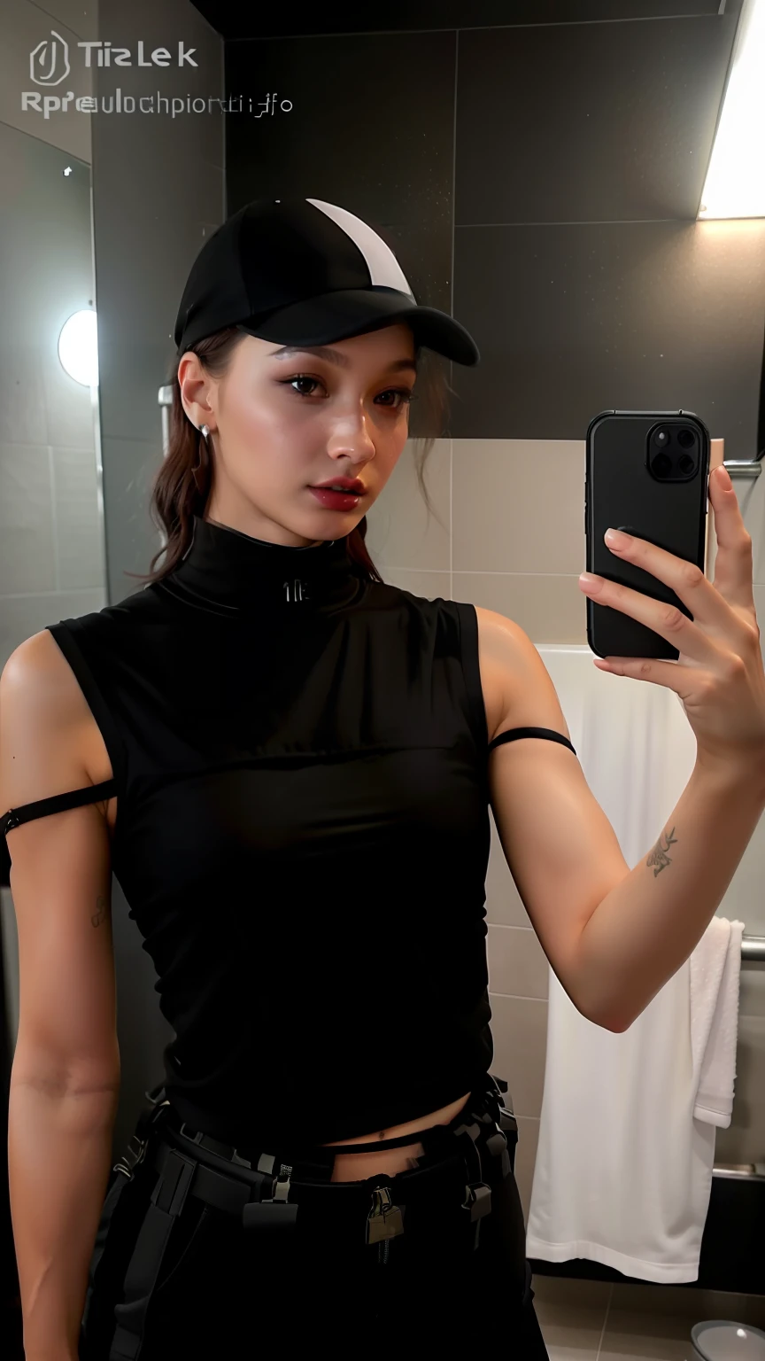 Beautiful woman medium hair, wearing cap, cyberpunk style short clothes, araffed woman taking a selfie in a bathroom mirror, naked. leaked image, she is wearing a black tank top, she is wearing a black dress, leaked photo, sexy look, tiny black bra, instagram model, wearing a sexy cropped top, bella hadid, wearing a black bodysuit, by Eva Frankfurther, face like ester exposito