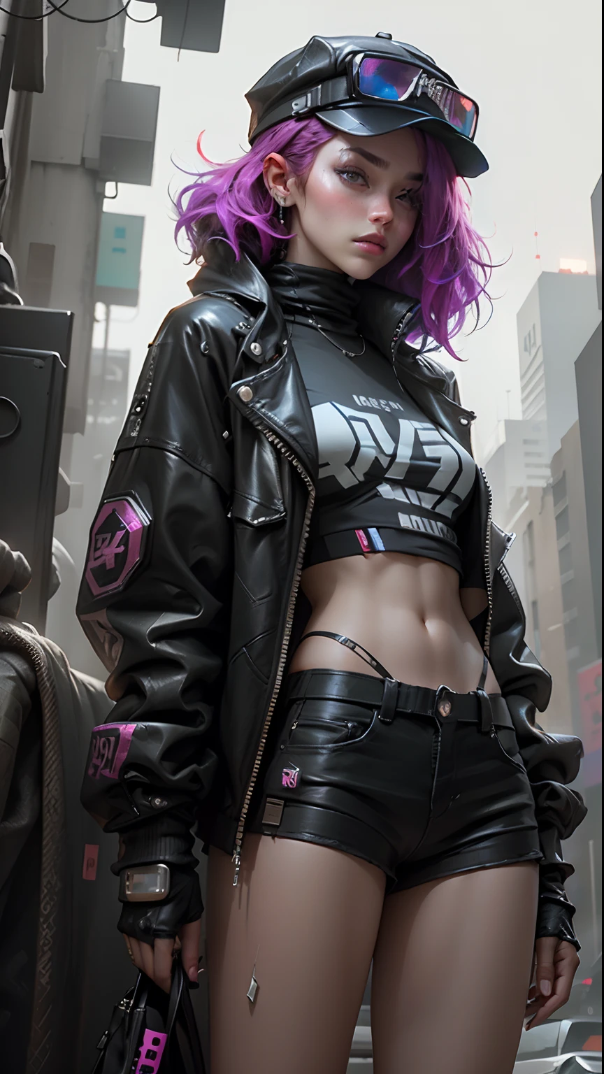 Beautiful woman medium hair, wearing cap, cyberpunk style short clothes