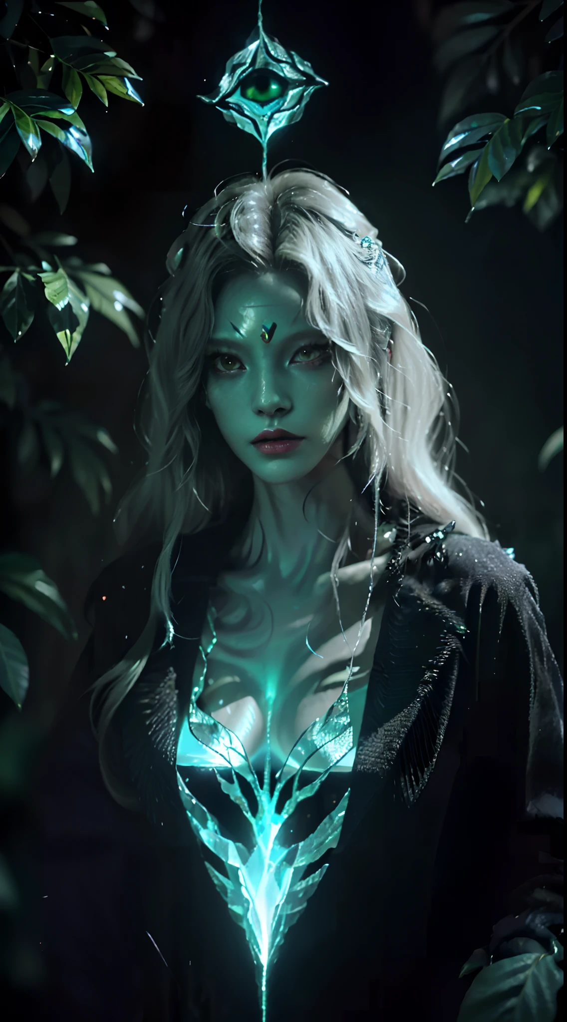 Dressed ((fur)) female alien, anthropomorphic avatar, three eyes, an eye in the middle of the forehead, cat ears, pointed beak, slender fingers, green flashing in the eyes, two hands, looking fierce, with a huge banyan tree, glittering, glowing plants in the background