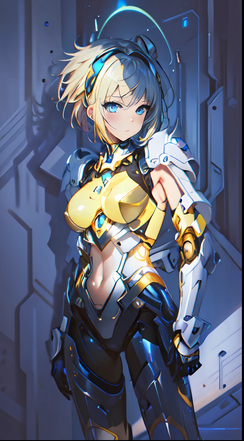 High Quality, Ultra High Resolution, Ultra Realistic, Super Detailed, Robot, mecha, metal bodysuit, Slim, beautiful, blue eyes, 1girl, yellow hair, short hair, Full Face, Full Body, faint blush, Metallic, Metallic, Luxury, Metallic, One, BREAK, concert stage, detailed background, depth of field, cinematic,