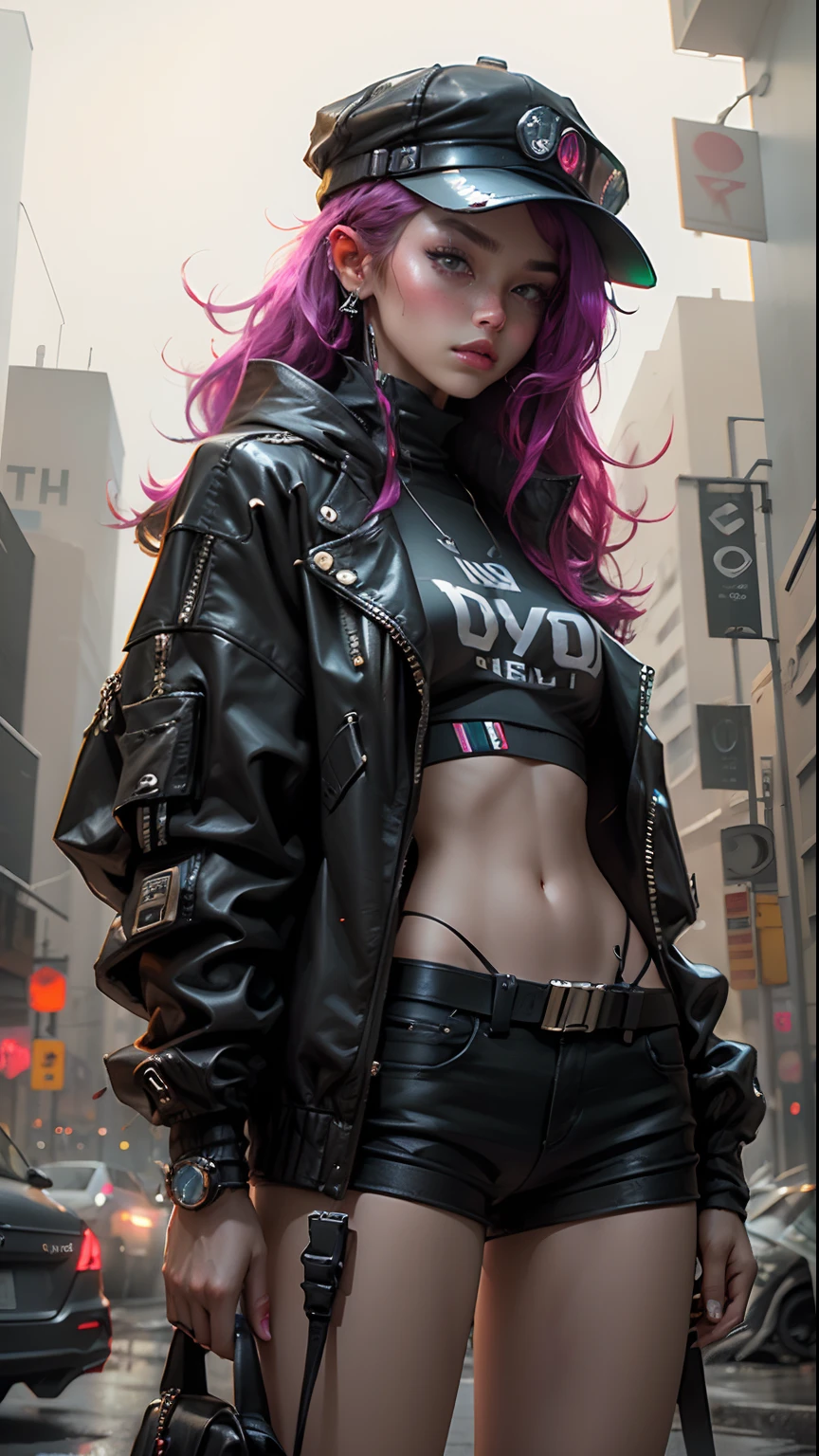 Beautiful woman medium hair, wearing cap, cyberpunk style short clothes