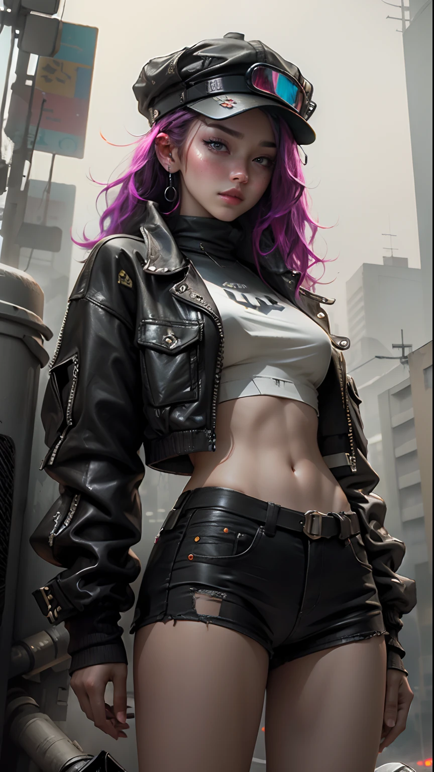 Beautiful woman medium hair, wearing cap, cyberpunk style short clothes