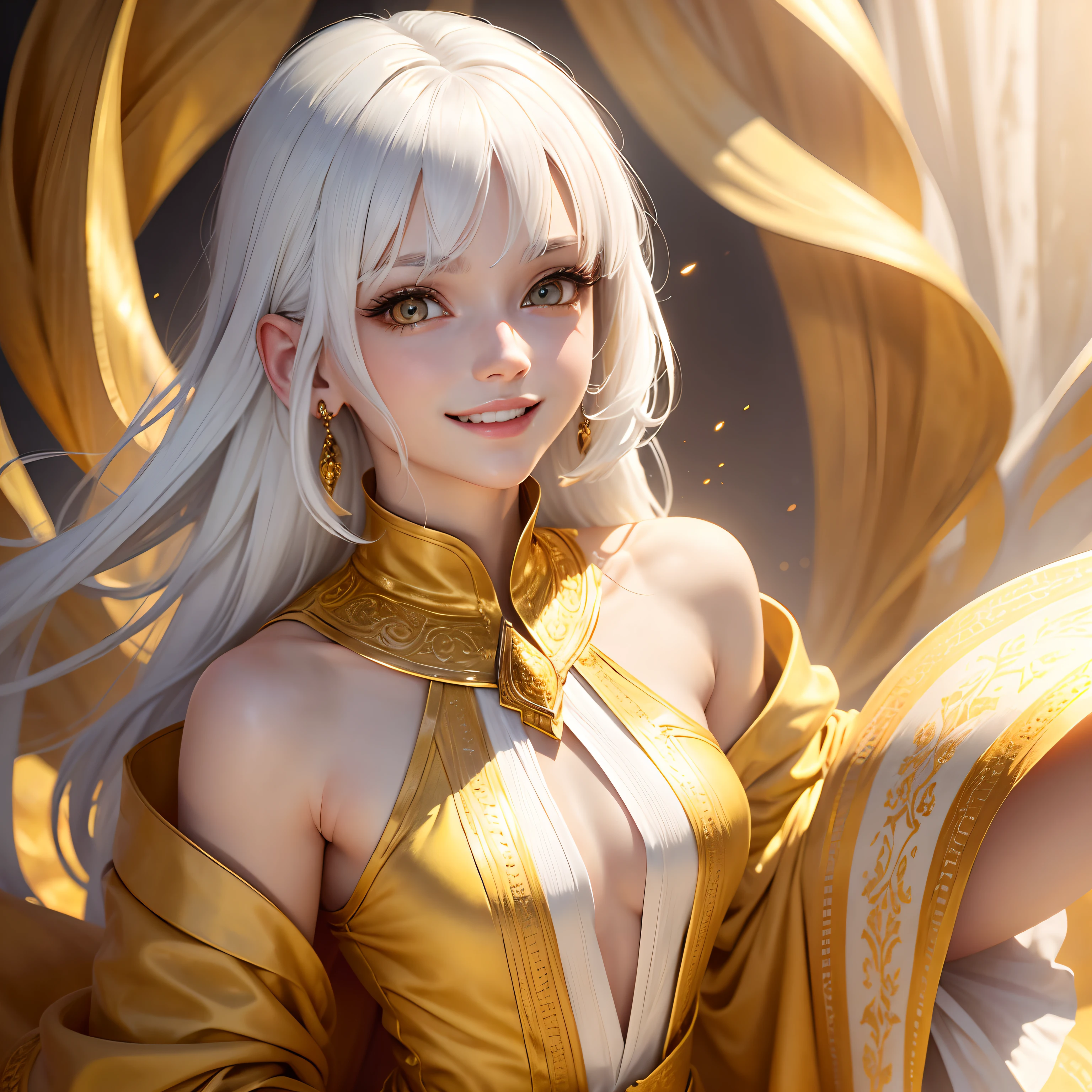 best quality, white hair, gold eyes, yellow clothes, looking up, upper body, hair strand, Fair skin, smiling