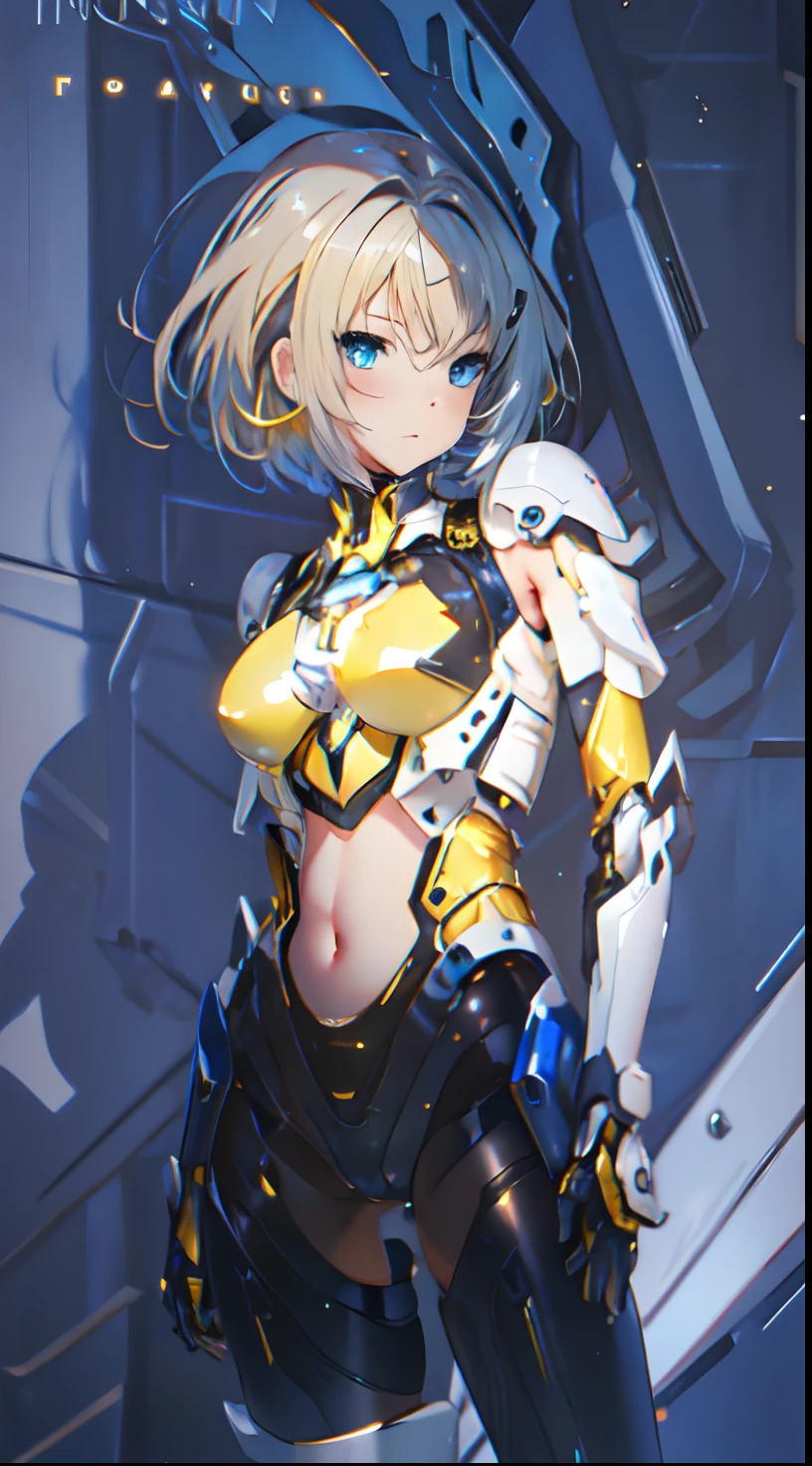 High Quality, Ultra High Resolution, Ultra Realistic, Super Detailed, Robot, mecha, metal bodysuit, Slim, beautiful, blue eyes, 1girl, yellow hair, short hair, Full Face, Full Body, faint blush, Metallic, Metallic, Luxury, Metallic, One, BREAK, concert stage, detailed background, depth of field, cinematic,
