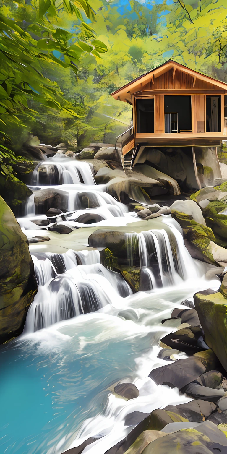 Rio, chacara pedras cachoeira, green lawn sun chimney house staircase tree house