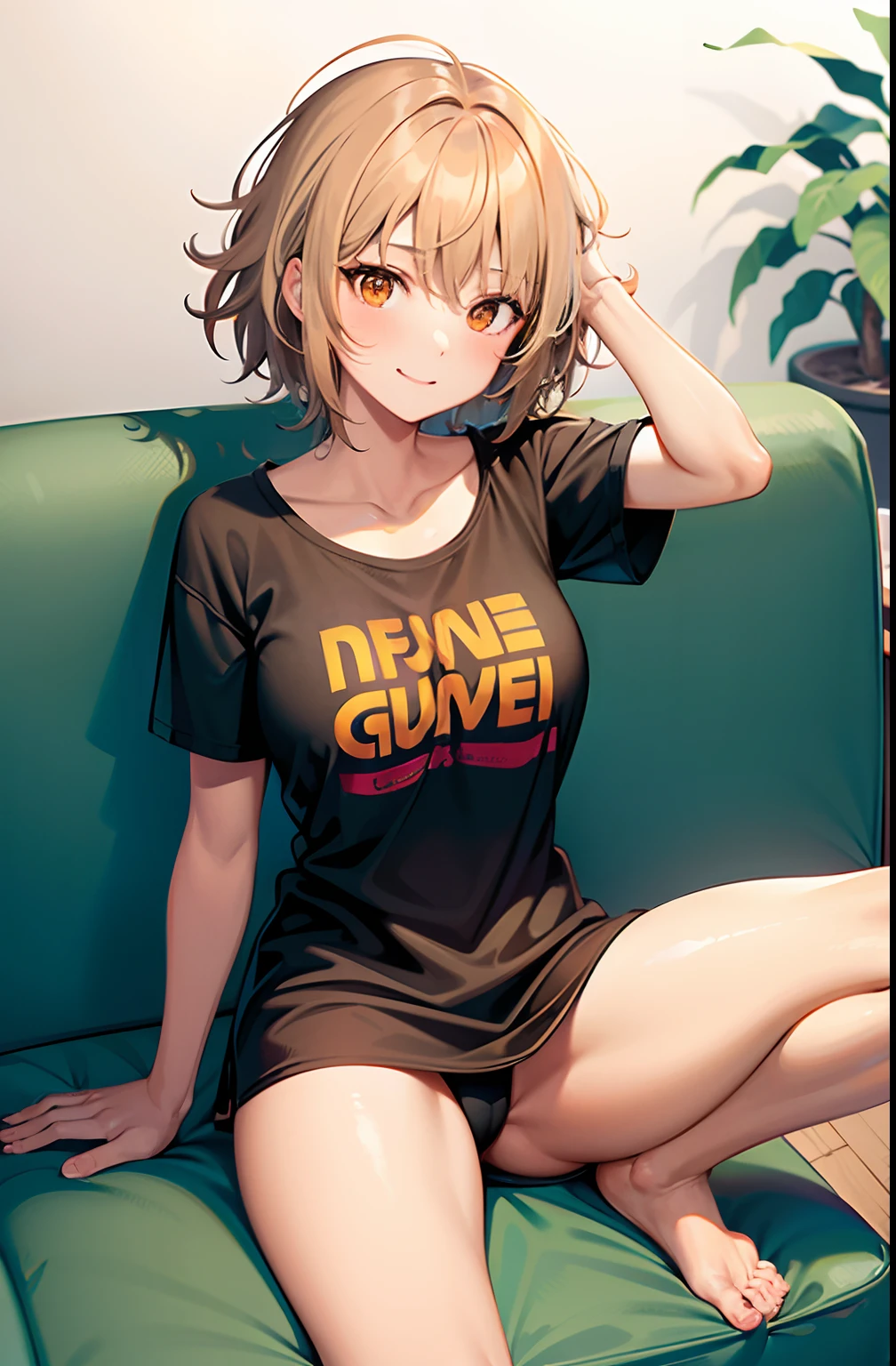 Female, brown hair, older than me, messy hair, new, blonde, Short Hair, orange hair, Lazy, t-shirt, Underwear, Excited face, tired eyes, lazy girl, Sitting on the Sofa, loose hair, big boobs, anime (aegyo sal:1), looking at viewer, full body, facing front