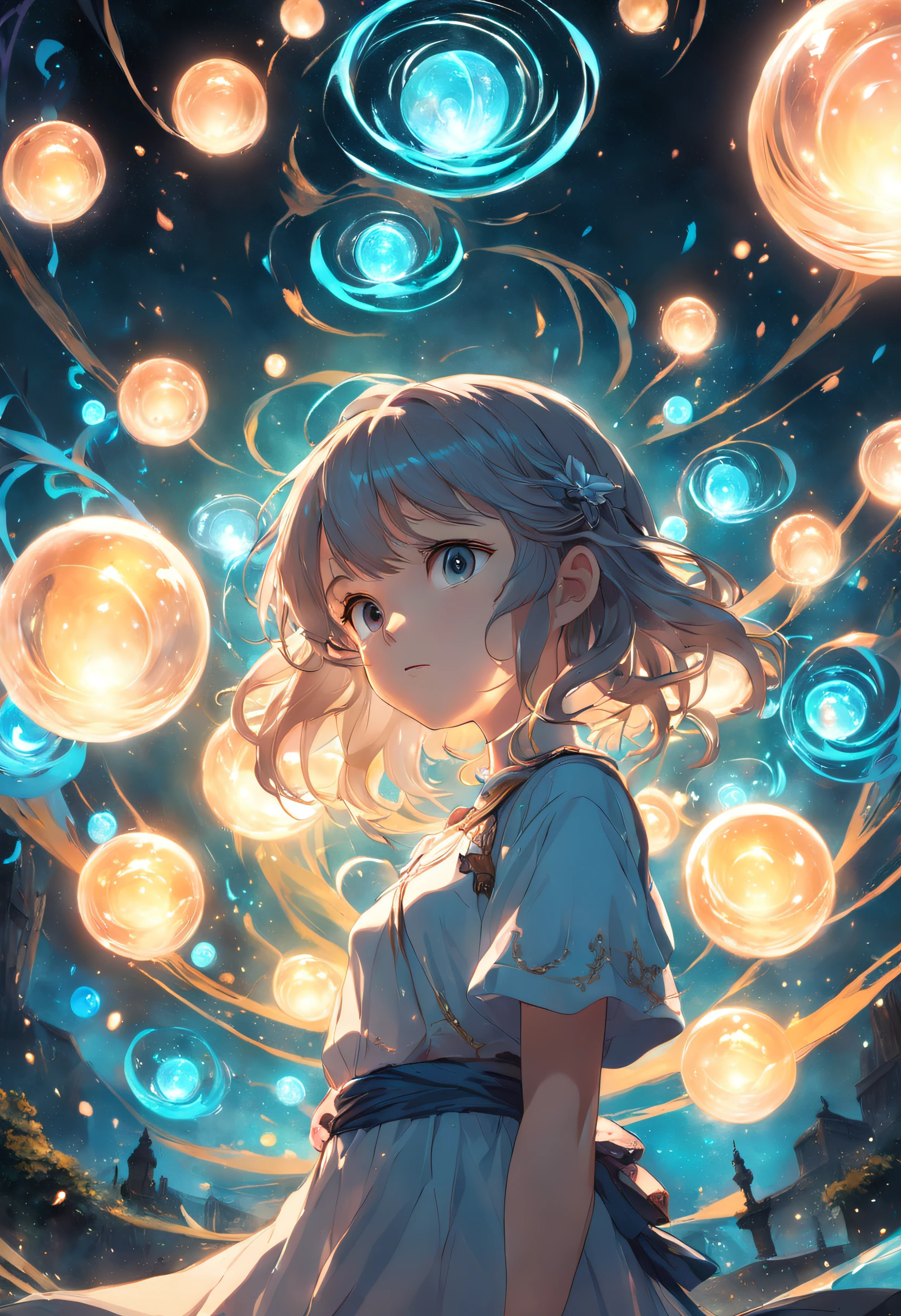 "A mesmerizing scene unfolds as a young girl stands amidst a mesmerizing swirl of luminous orbs, casting an enchanting and magical glow."