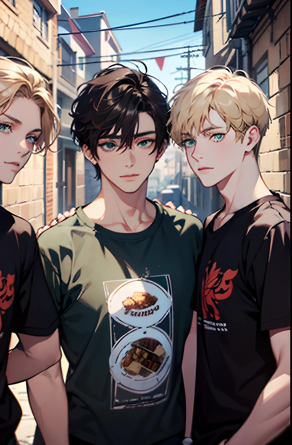 (absurdres, highres, ultra detailed), masterpiece, best quality, 3 man, handsome, black hair, brown hair, casual clothes, background is back alley, best light and shadow, trio friends, 1 black hair man ((sleek hair)), 1 brown hair man ((undercut hair)), 1 blond man ((stylish hair)), tall handsome man, hogwarts vibe, 3 friends, trio friends pose, charming men, (absurdres, highres, ultra detailed, HDR), masterpiece, best quality, anime, Anime cool ((Tall boy)) green eyes, 3rd boy blond hair ((Tall boy)) ((blond hair)) , 3 boys, smile, sunshine, garden, handsome, short hair, looking at viewer, detailed face, ( black shirt ),(red shirt) cool boys, cold male, 8K, Best Quality, Masterpiece, Ultra High Resolution, (Realism: 1.4), Original Photo, (Realistic Skin Texture: 1.3), (Film Grain: 1.3), (Selfie Angle), best friend,Friendship, Trio friends, tall boys.