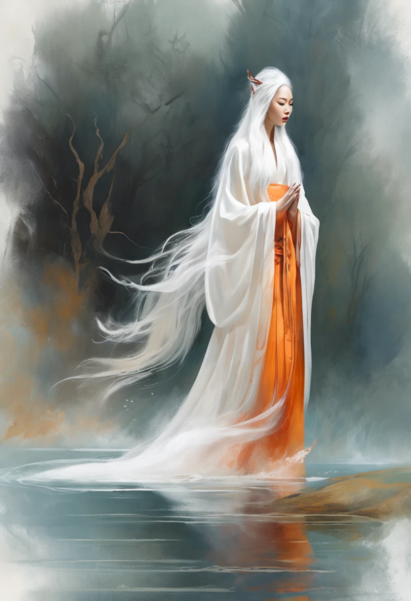 a beautiful and ethereal fox spirit dressed in a flowing white Chinese robe. The image captures the fox spirit standing gracefully on the water's surface, surrounded by white clouds and mist that lend an otherworldly quality to the scene. The fox spirit's long white hair and robes are swept up by the wind, adding movement and fluidity to the image. Use Midjourney's advanced brush tools to create intricate folds and textures in the fox spirit's robes and hair, and experiment with different color palettes and brush strokes to bring out the ethereal quality of the scene. The fox spirit's beauty is further enhanced by the way her image is sometimes obscured by the surrounding mist, giving the scene a sense of mystery and enchantment. With Midjourney's powerful tools, you can bring this captivating and ethereal scene to life with incredible detail and beauty. hdr, (photorealism, masterpiece quality, best quality), , pureerosface_v1,ulzzang-6500-v1.1,