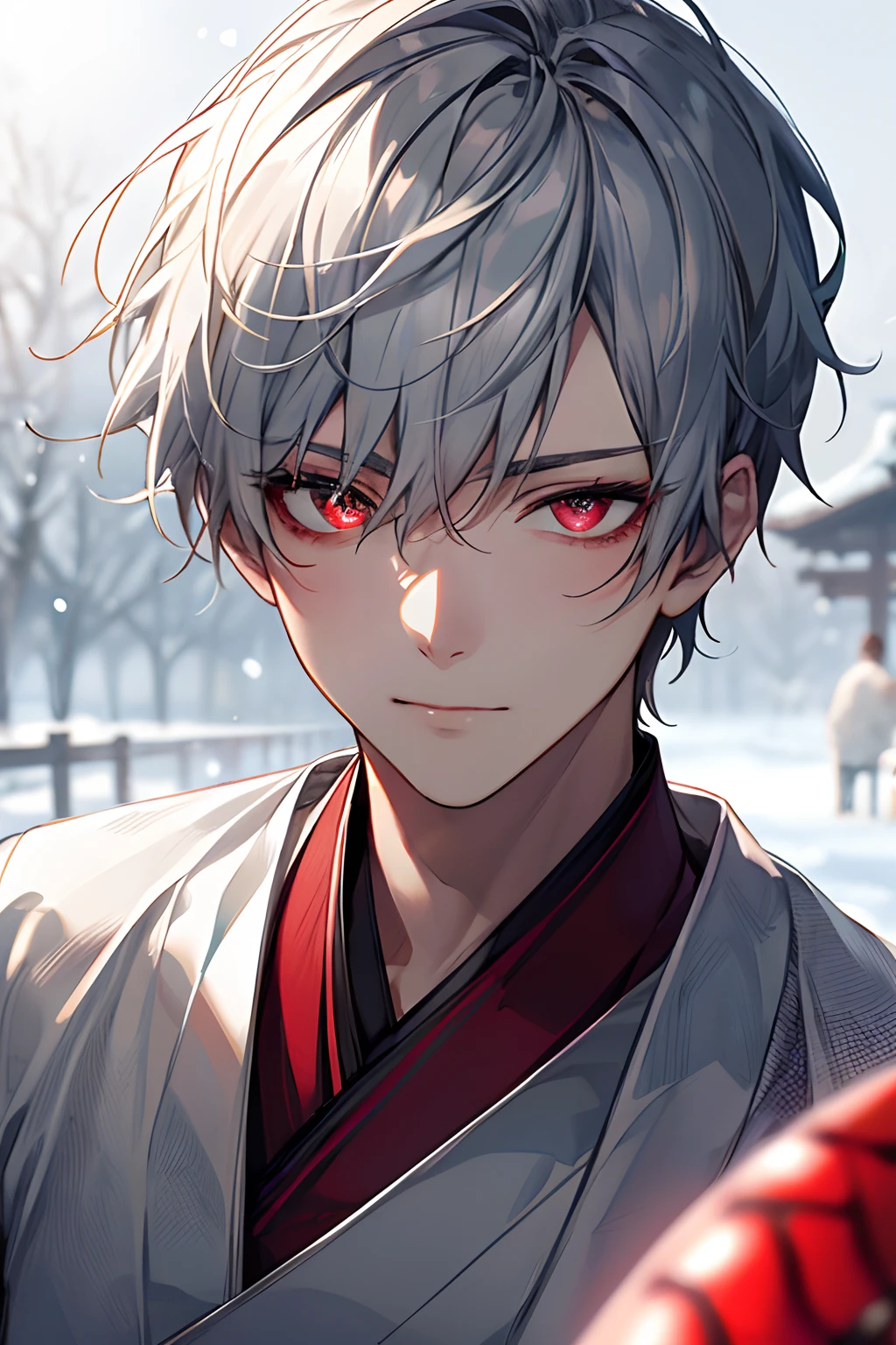 1 Men,short detailed hair,silver color hair,(Eye 1:2,Clear eyes,Elaborate Eyes,Delicate pupils,good eyes,eye detailed, red eyes),jelyfish hairstyle, very short hair, Face focus,Adult,In haori in red and white,best quality,detail in face,is in the snow,Lazy,细致背景,Diffused sunlight,depth of fields,Background bokeh,Looking into the distance,