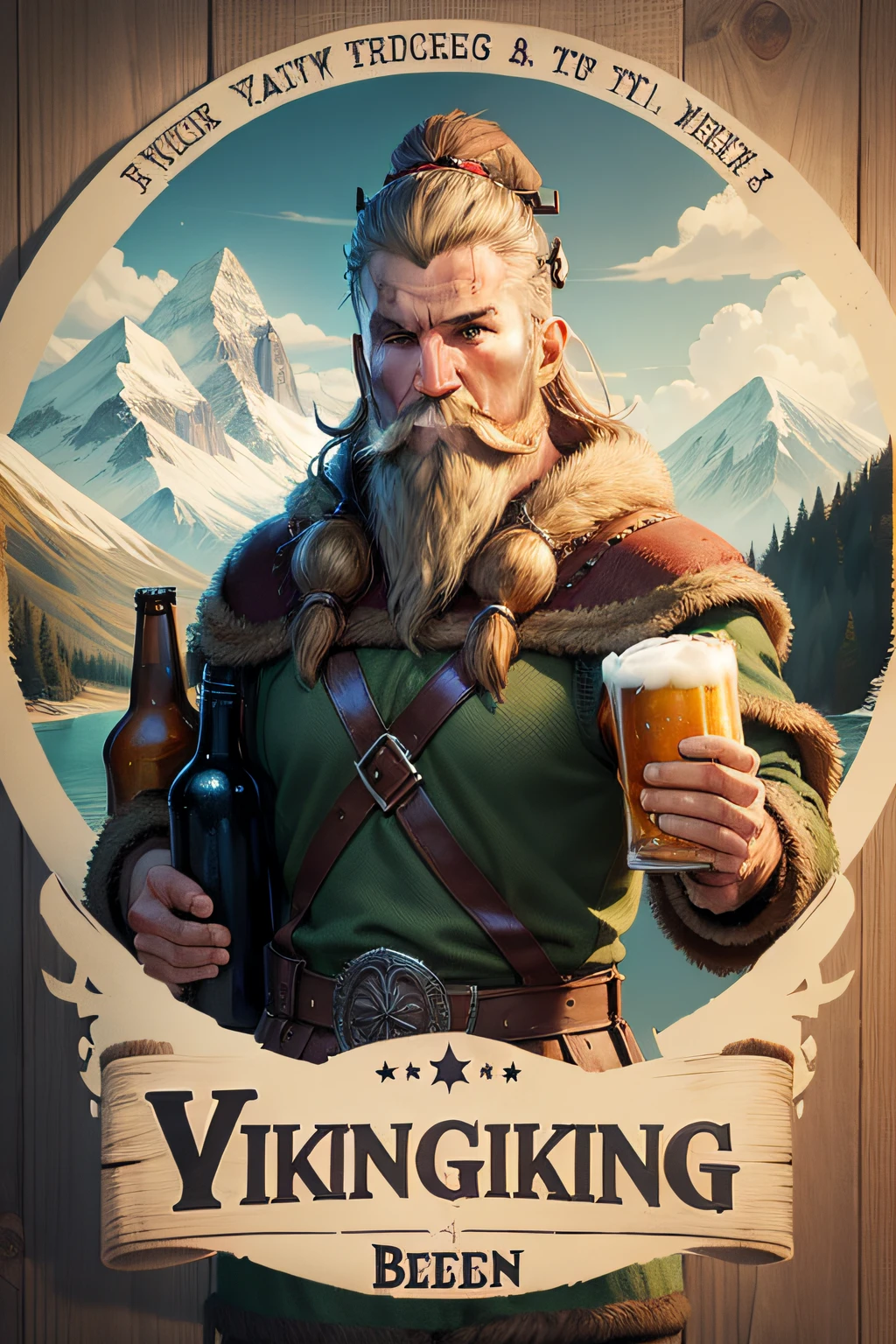Beer bottle label with mountains and viking drinking beer