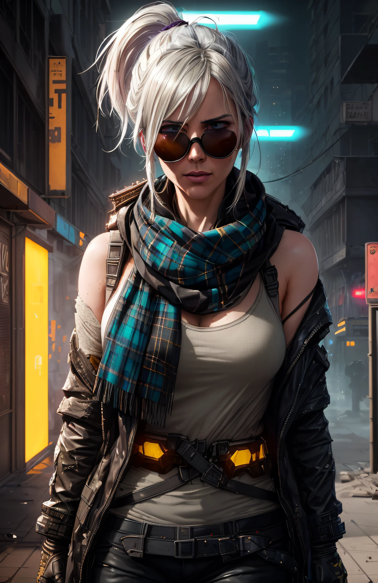 (dark shot:1.1), epic realistic, portrait of halo, sunglasses, blue eyes, tartan scarf, white hair by atey ghailan, by greg rutkowski, by greg tocchini, by james gilleard, by joe fenton, by kaethe butcher, gradient yellow, black, brown and magenta color scheme, grunge aesthetic!!! graffiti tag wall background, art by greg rutkowski and artgerm, soft cinematic light, adobe lightroom, photolab, hdr, intricate, highly detailed, (depth of field:1.4), faded, (neutral colors:1.2), (hdr:1.4), (muted colors:1.2), hyperdetailed, (artstation:1.4), cinematic, warm lights, dramatic light, (intricate details:1.1), complex background, (rutkowski:0.66), (teal and orange:0.4)