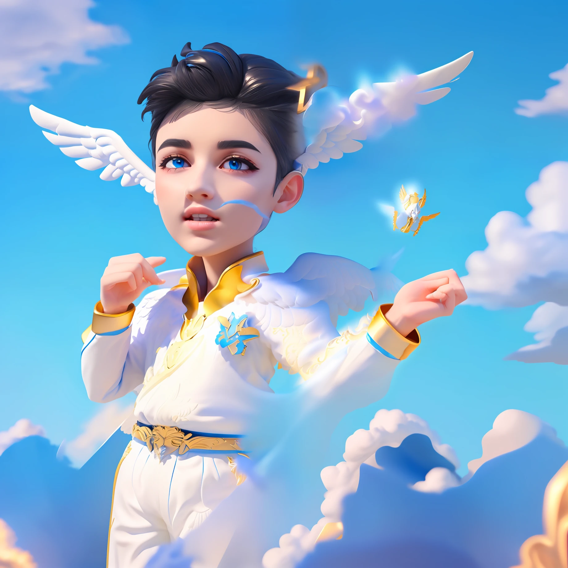 portrait of a powerful archangel, halo, (large majestic white wings:1.3), fluffy clouds, vibrant blue sky, detailed eyes, looking down, flowing cape, Renaissance portrait, dramatic angle, (contrapposto:1.2), extremely detailed shading, subsurface scattering, sharp focus, highly detailed