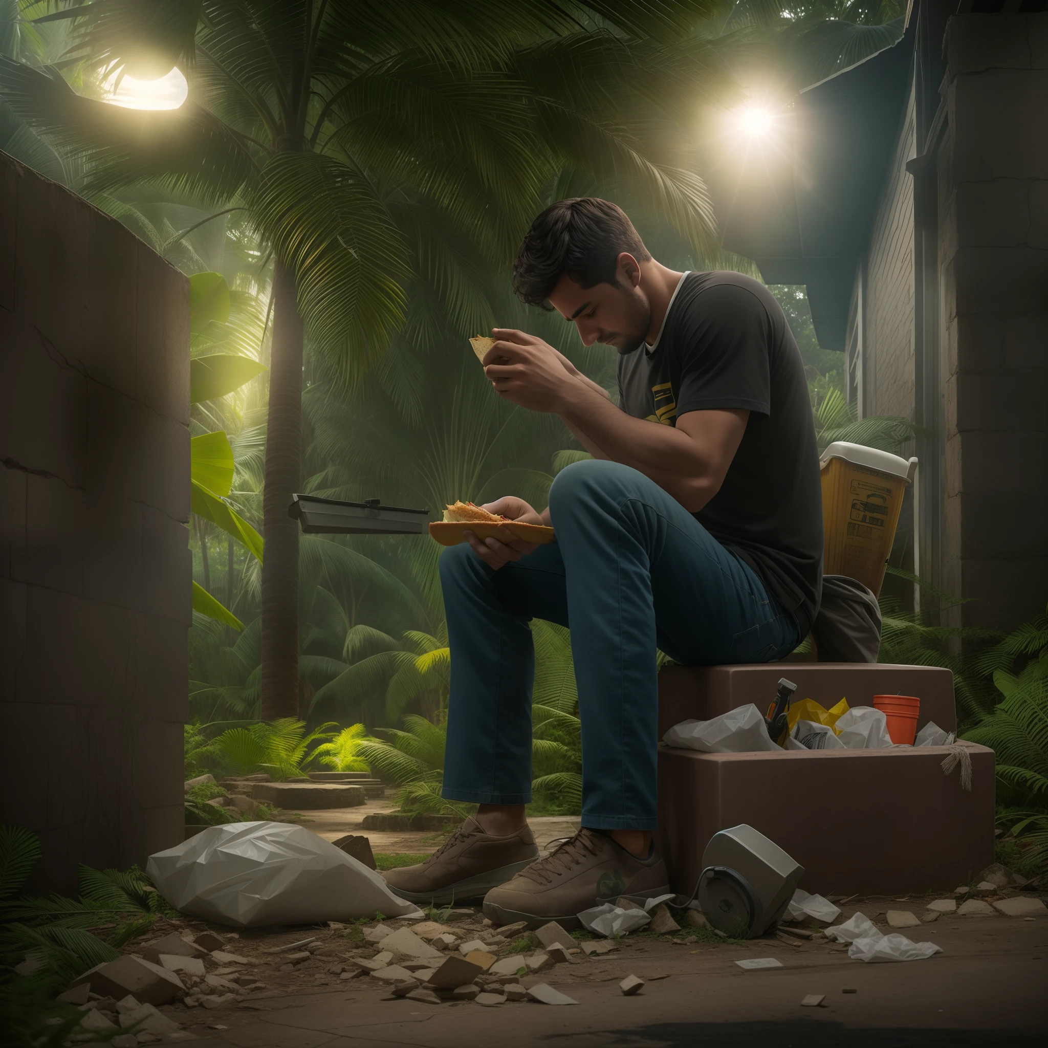A man with short wavy hair sits in a metal folding chair wearing black pants with a yellow stripe down each side and a red t-shirt. He is eating a sandwich, with crumbs around him. The floor beneath him is concrete, and he is outside in an alleyway. In front of him is an electric guitar and to his left is a trash can.
Suddenly, the brick walls of the buildings disappear, and the concrete floor transforms into shag carpet. The landscape changes to a rainforest, revealing that the man is now sitting in the middle of a dense jungle in Brazil. The electric guitar and trash can remain in place around him. A large palm tree stands to the right of him, barely providing shade from the moonlight. The sunset peers through the trees behind him as he gazes at its fading light. Though once outdoors, he now sits inside the rainforest, eating a sandwich and watching the moon rise over the trees.