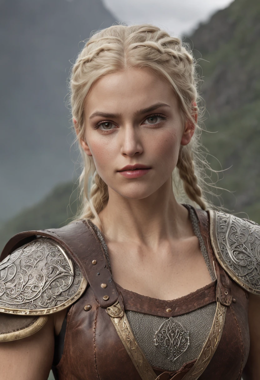 A realistic prompt for a photograph of an elven warrior looking like a Viking. Your body is incredibly defined, musculoso, e feminino, reflecting strength and grace. Her blonde hair cascades into several braids, adornado com detalhes intrincados. Seus olhos verdes claros emitem uma energia radiante, dando-lhe uma aura quase sobrenatural. His thick, precise eyebrows frame his striking, perfectly symmetrical face.

The elven warrior is dressed in armor that accentuates her physique, permitindo movimentos fluidos. The costume hugs her body, enfatizando sua forma poderosa. His expression is one of solemn determination, reflecting their readiness for battle. In the background, An active volcano spews plumes of fire, its melting intensity contrasting with the grey sky above.

A paisagem, with its dynamic and fierce elements, serves as a suitable backdrop for this formidable warrior. The tumultuous environment mirrors the intensity and strength emanating from the Viking elven.

The chosen camera captures the entire body of the warrior, showing his warrior posture and his inherent elegance. A imagem transmite a mistura perfeita de beleza, power, and the ferocity that defines this elven Viking. The contrast between his delicate features and his robust physique, combined with the fire scenery, creates an image that is captivating and evocative, cinemactic, hiper-detalhado, detalhes insanos, Lindamente colorido, Motor irreal, DOF, Super-Resolution, Megapixel, cinematographic lightning, antialiasing, FKAA, TXAA, RTX, SSAO, Post processing, post - production, Mapeamento de tons, .cgi, VFX, SFX, Insanamente detalhado e intrincado, Hiper maximalista, hyper realistic, volumetric, fotorrealista, ultra fotorreal, ultra-detalhado, detalhes intrincados, super detalhado, Colorido, Volumetric lightning, HDR, Realistic, Motor irreal, 16k, foco nítido, octan render