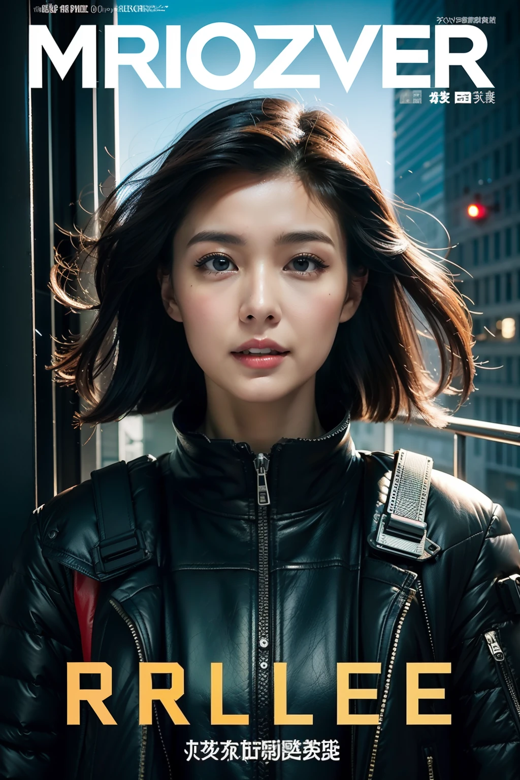 (8K分辨率,3D,offcial art,(MagazineCover:1.4),attention-grabbing,Oversized title font,Catchy,The title is larger,More eye-catching,modern day),(1womanl,(Facial features of Thai Vill:1.8,s delicate face),Jet black slightly curly hair,(Fluffy and messy, There are levels),((Machine body),(Skinny mech jacket),Lights on armor,Controller headgear,dynamicposes),perfect hand,Ultra-fine materials),(Cyberpunk woman and her mech,City ruins of war,Buildings on fire,scientific fiction,Exquisite environmental details,MagazineCover:1.4),(exhilarated,confident smile,Rejoice),(Cover typography,profesional lighting,动态照明 ,Maximum clarity and sharpness, Many-Layer Textures, Albedo e mapas Speculares),((Strong color contrast,(black in color,blue colors,red colour))),(Golden section,Cover of a,low angle shot,depth of fields,perfectly proportions,Hasselblad photograp,tmasterpiece:1.3),(vogue cover,Reflectors,Sharp focus,Cyberpunk art of a,cyberpunk building,Art platform)
