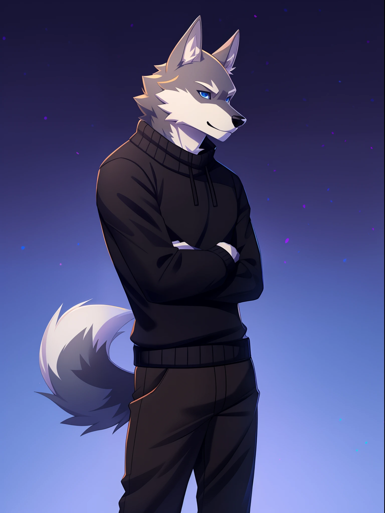 1guy, male wolf, furry, anthropomorphic, blue eyes, handsome guy, with black sweater and long pants, sneackers, standing