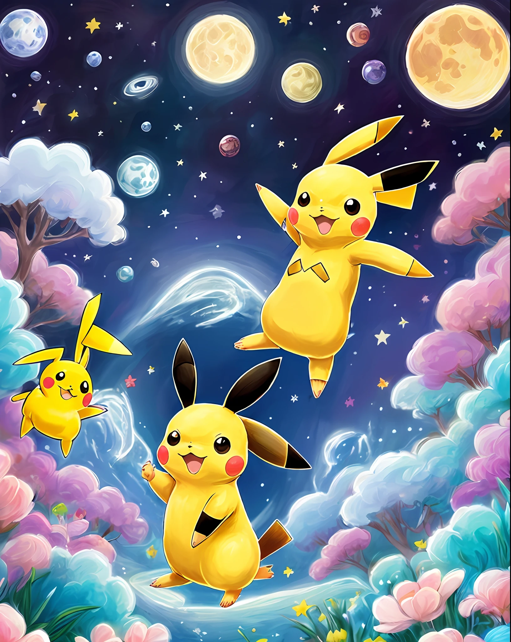 crie um  na Lua, vestido de pikachu, Illustration of a pokelunar game, in deep space, no fundo a Terra, childrens illustration, childrens illustration,  na Lua. Meninodo de pikachu. Boy is playing on the tablet Several Pokémon on the Moon.