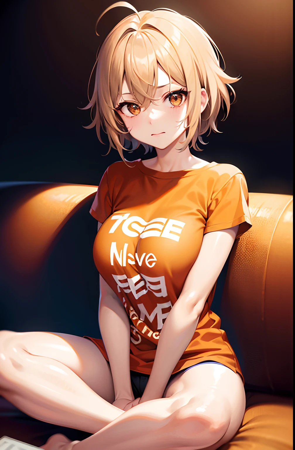 Female, brown hair, older than me, messy hair, new, blonde, Short Hair, orange hair, Lazy, t-shirt, Not wearing pants, Excited face, tired eyes, lazy girl, Sitting on the Sofa, loose hair, big boobs, anime (aegyo sal:1), looking at viewer, full body, facing front, Faceache