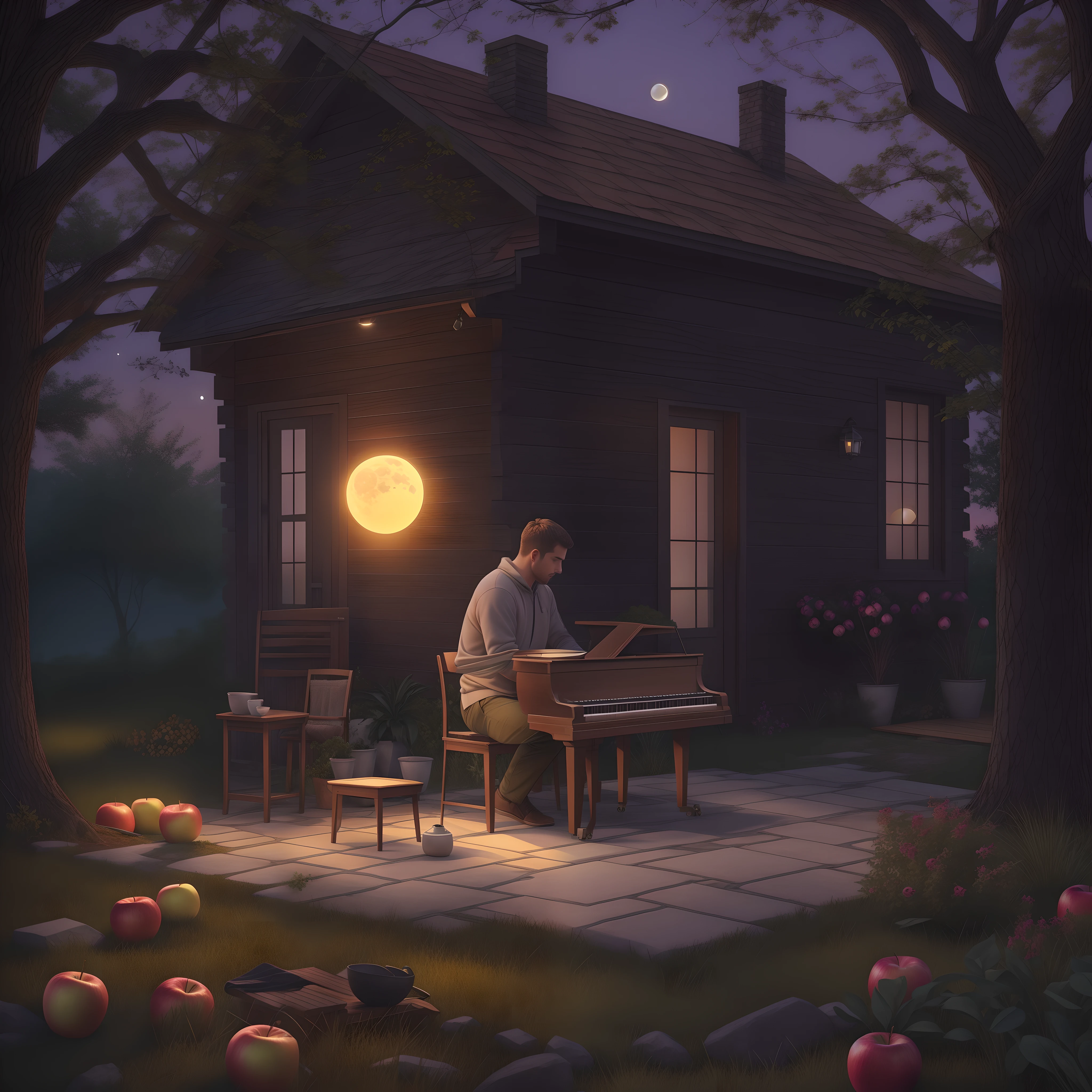 A man with short straight hair sits in a metal chair wearing black shorts with a yellow stripe down each side and a white sweater. He is eating an apple, with no food around him. The floor beneath him is tile, and he is outside on a patio. In front of him is a grand piano and to his left is a plant stand.
Suddenly, the brick walls of the buildings disappear, and the tile floor transforms into carpet. The landscape changes to a countryside, revealing that the man is now sitting in a cabin in the woods in Maine. The piano and plant stand remain in place around him. A large oak tree towers to the right of him, barely providing shade from the moonlight. The sunset glows purple behind him as he gazes at its fading light. Though once indoors, he now sits outside in nature, eating an apple and watching the moon rise over the forest.