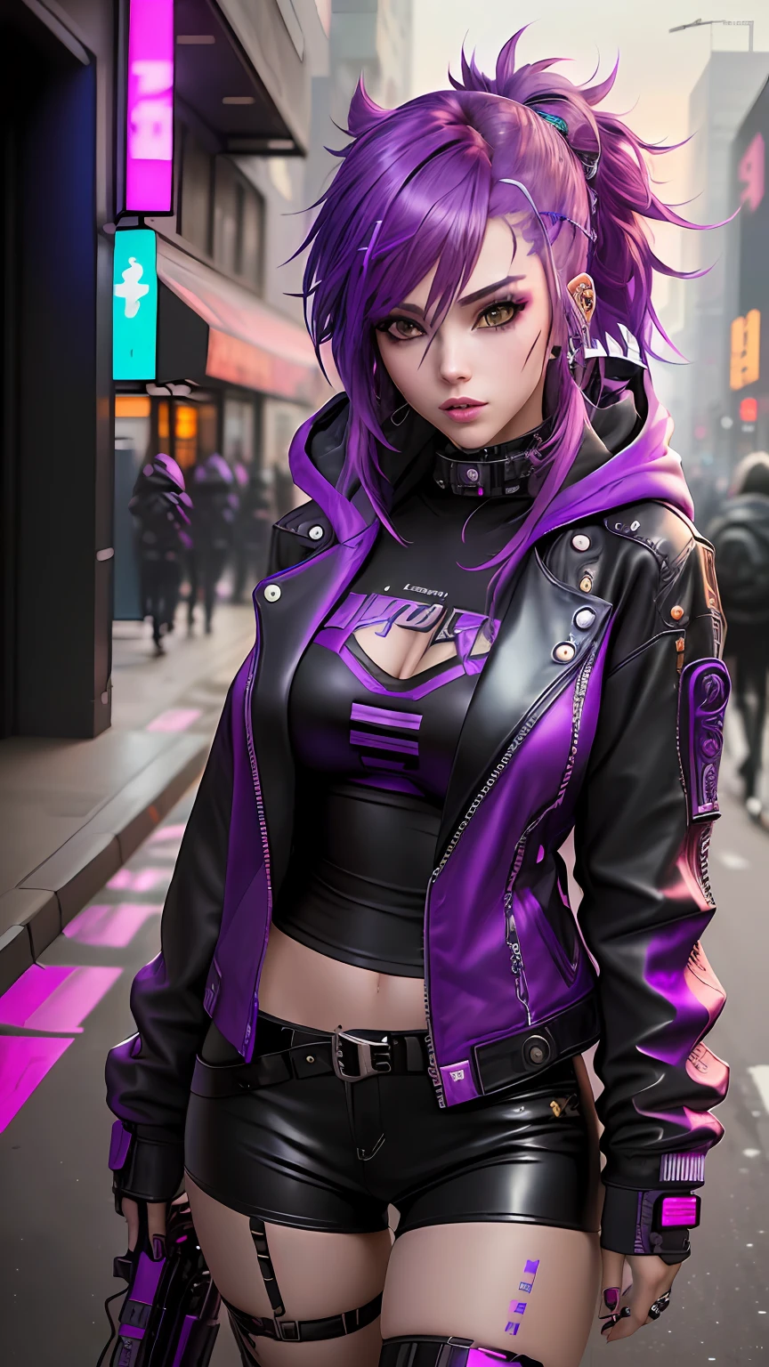 there is a woman with purple hair and a leather jacket, female cyberpunk anime girl, cyberpunk anime girl, cyberpunk vibe, dreamy cyberpunk girl, digital cyberpunk anime art, cyberpunk girl, in cyberpunk style, cyberpunk beautiful girl, cyberpunk 2 0 y. o model girl, cyberpunk outfit, seductive cyberpunk dark fantasy, cyberpunk anime girl in hoodie, anime cyberpunk art, cyberpunk style outfit