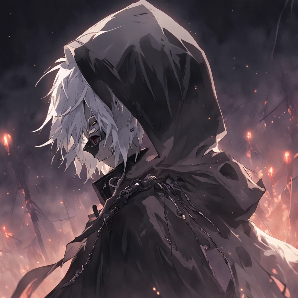 Boy with black hair and white hair，The hair hangs almost down to the neck，Wearing a half-dead mask，The devil in a hood and scythe kisses his face，Stand at the intersection of light and darkness：HD graphics，Lots of ghosts wearing hoods，Terrifying and eerie texture。