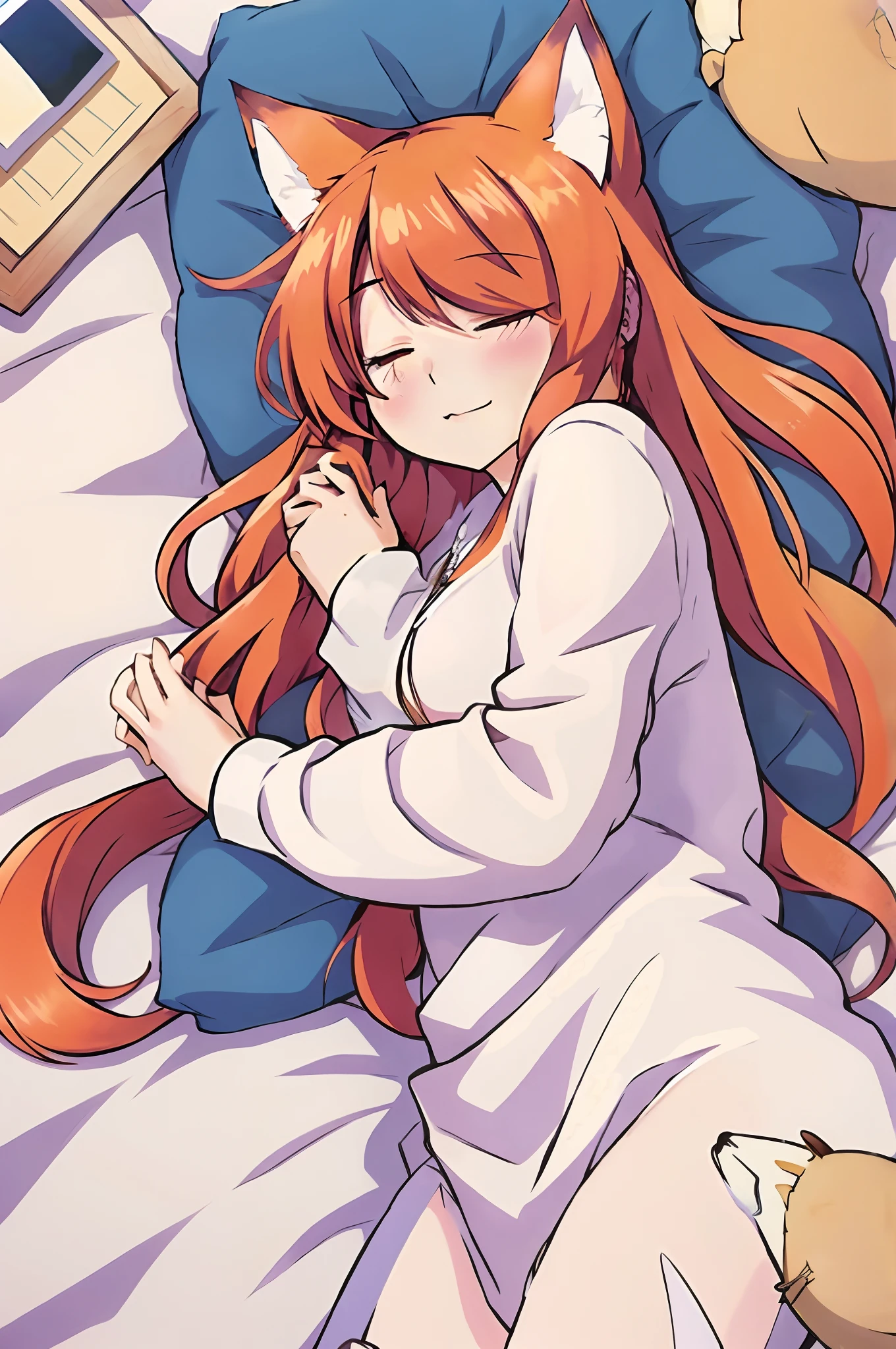 anime girl sleeping in bed with a cat and a teddy bear, she has long redorange hair, holo, she has long orange brown hair, marin kitagawa fanart, anime girl with long hair, flowing hair and long robes, sleepy expression, waking up, sleepy, monika, holding a pudica pose, vivy, anime moe artstyle