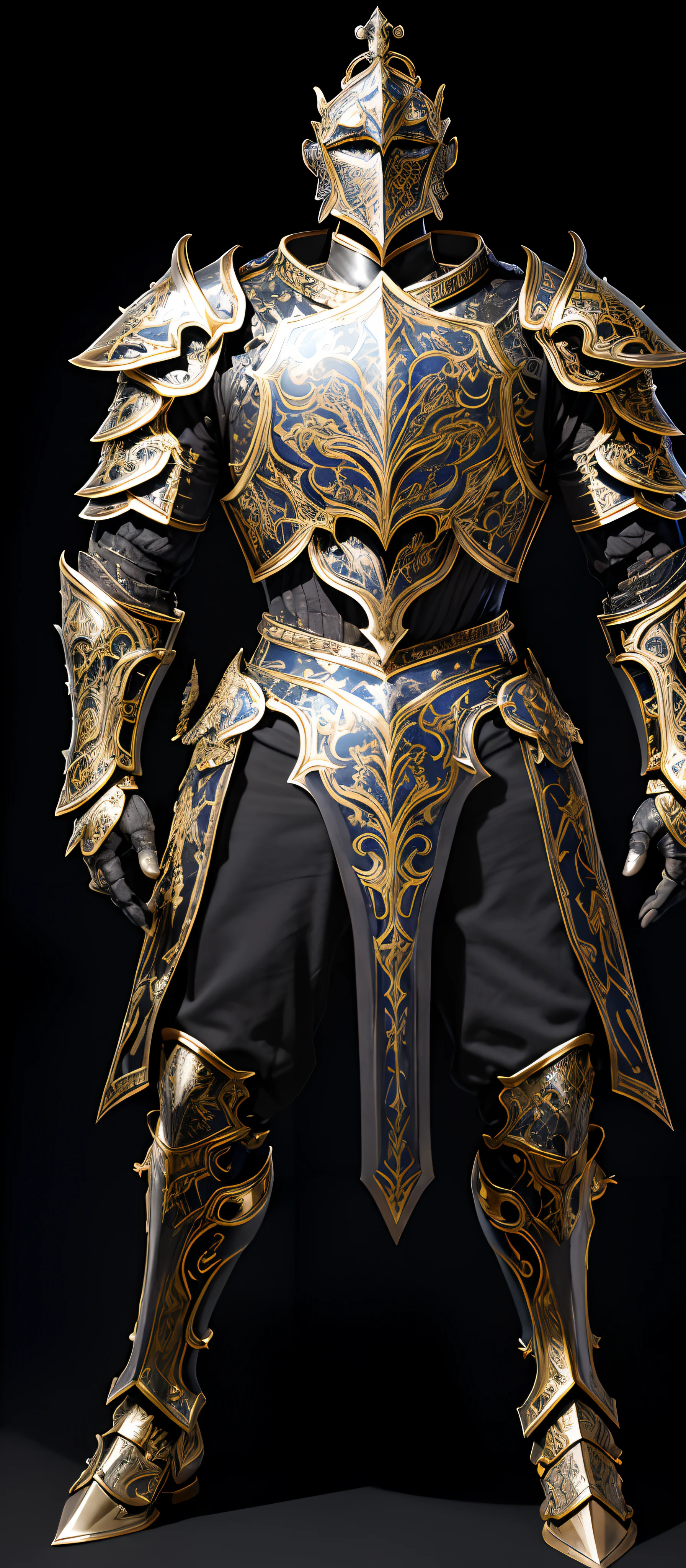 A close-up of the armor of a dignified royal knight,Meticulous mirror details on the armor,ornate armour,Detailed armor,Intricate armor details,Black and gold two-tone armor,Fantasy armor,Epic Paladin armor,highly detailed armor,Shocking armor,Precision gorgeous armor,world of warcraft armor,heavy fantasy armor,Complex metal armor。