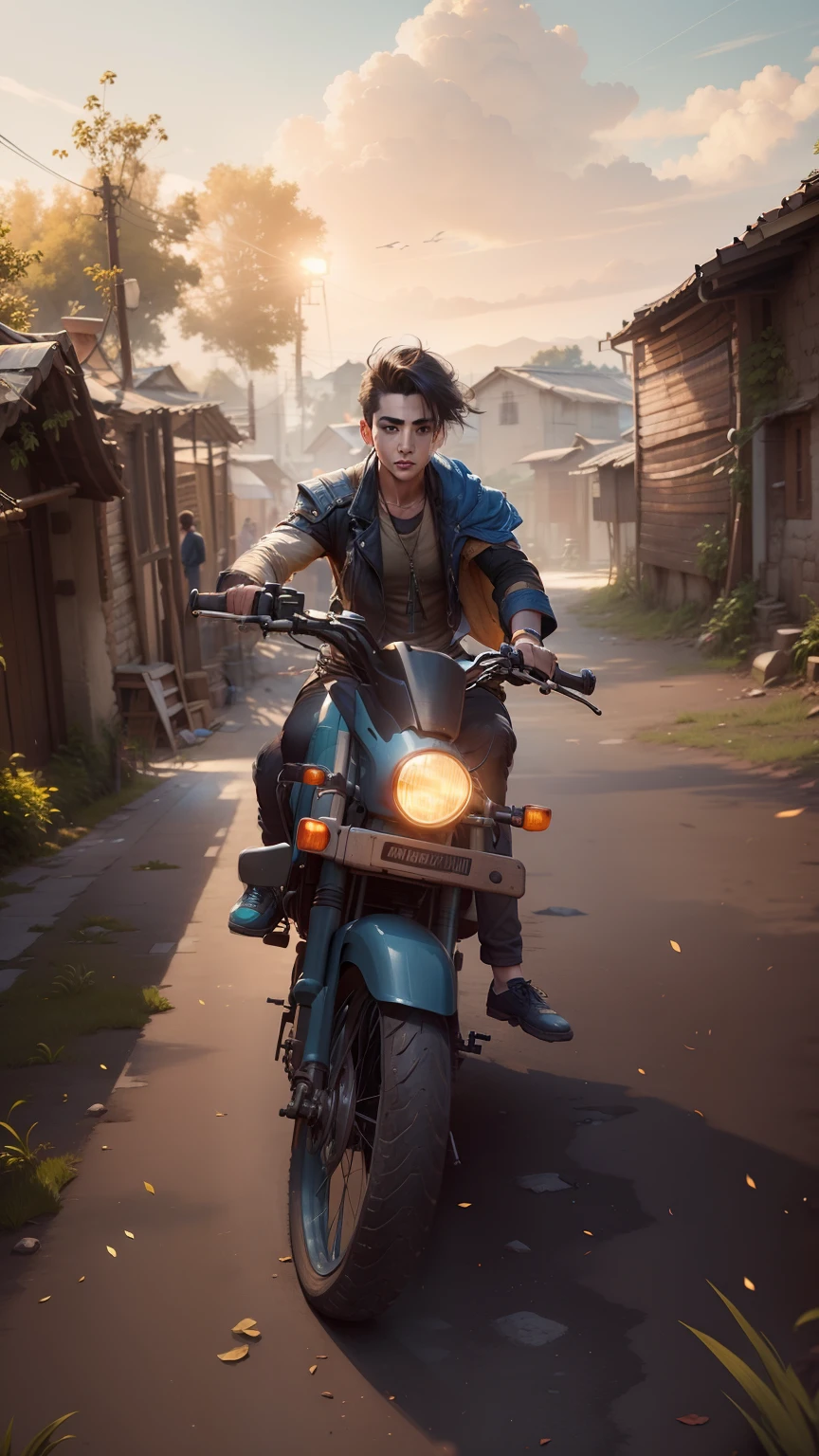 Change background in village type, best village type background, change bike to cyberpunk bike realistic, change boy to handsome boy realistic and not chamge boy hair, 8k, ultra realistic