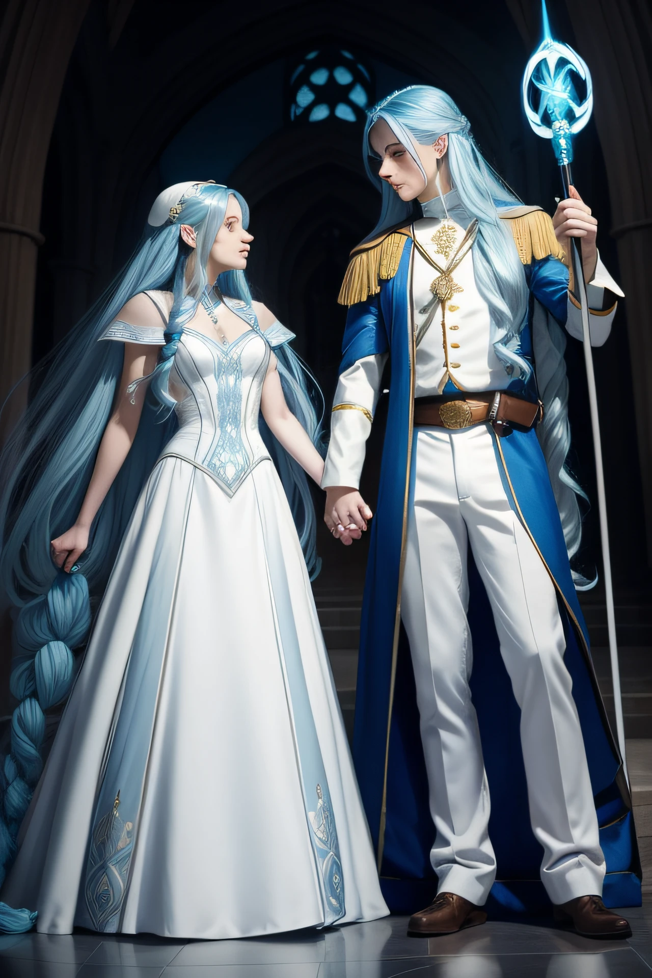 magical fantasy woman with white long hair, white flowing dress, holding a wand, full body, holding hands with a teenage boy, blue hair, wearing a college uniform