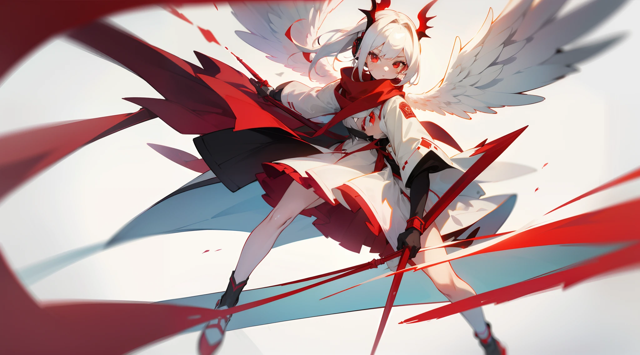 s girl,White hair,Red glowing eyes, sportrait, photorealestic,(Red and white trench coat),Red scarf,a black pleated skirt,black t-shirts,longer sleeves,Red and white headphones,((Multiple pairs of angel wings)),side-lighting, the wallpaper, NSFW, Depicting female characters from ethereal anime in a high-quality anime art style。vibrant with colors,Colorful background,(((Hold spears in both hands))),8K,Red and white shoes with a sense of technology