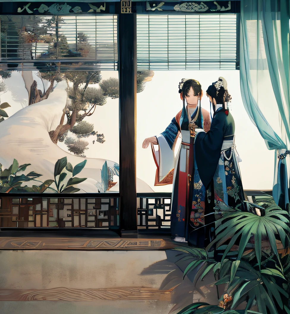 Two women stood in front of the window，There are curtains, Hanfu, inspired by Tang Yin, Palace ， A girl in Hanfu, author：Zhang Yin, Wearing ancient Chinese clothes, zhang daqian, inspired by Wu Zuoren, inspired by Yun Shouping, inspired by Gu An, author：Tang Yin, inspired by Emperor Huizong of Song
