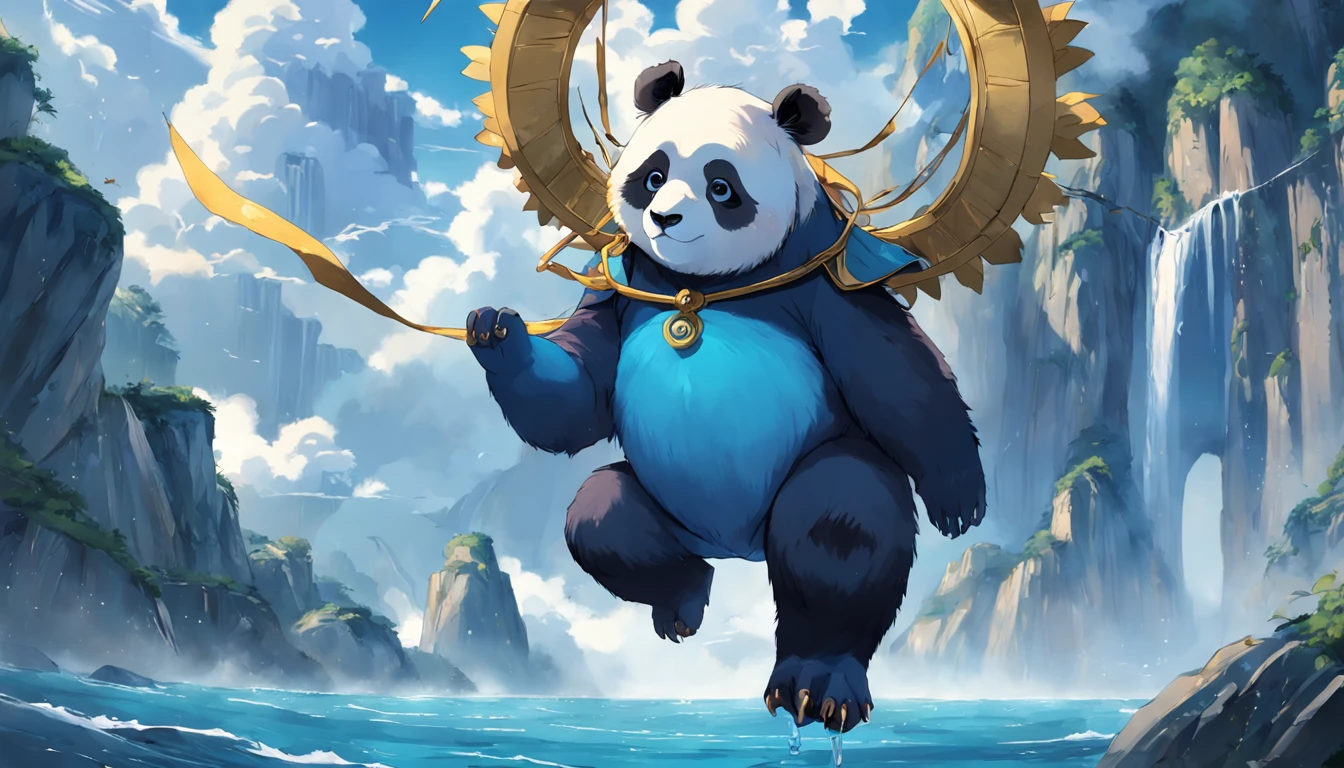 Bipedal creature resembling a panda, Capa azul marinho e capuz com acabamento dourado, patas saindo, floating as if by magic, master part, best quality