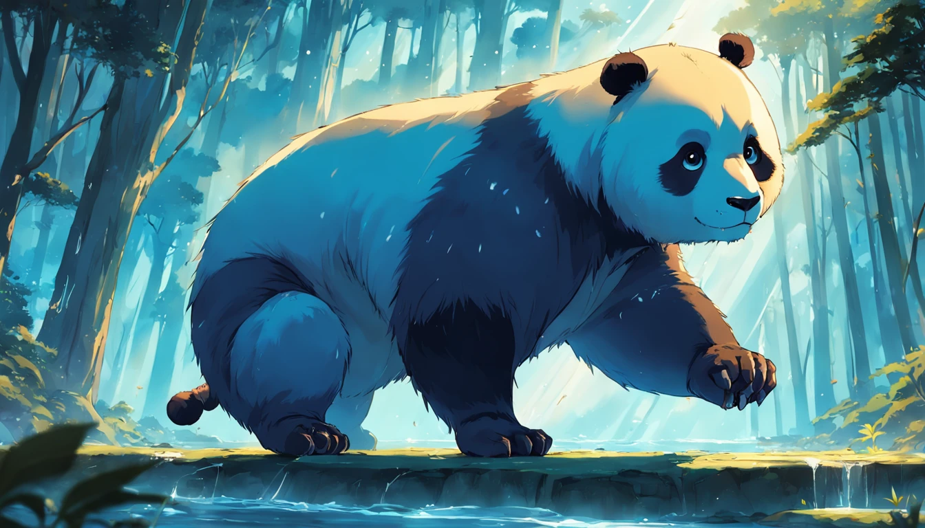 Bipedal creature resembling a panda, Capa azul marinho e capuz com acabamento dourado, patas saindo, floating as if by magic, master part, best quality