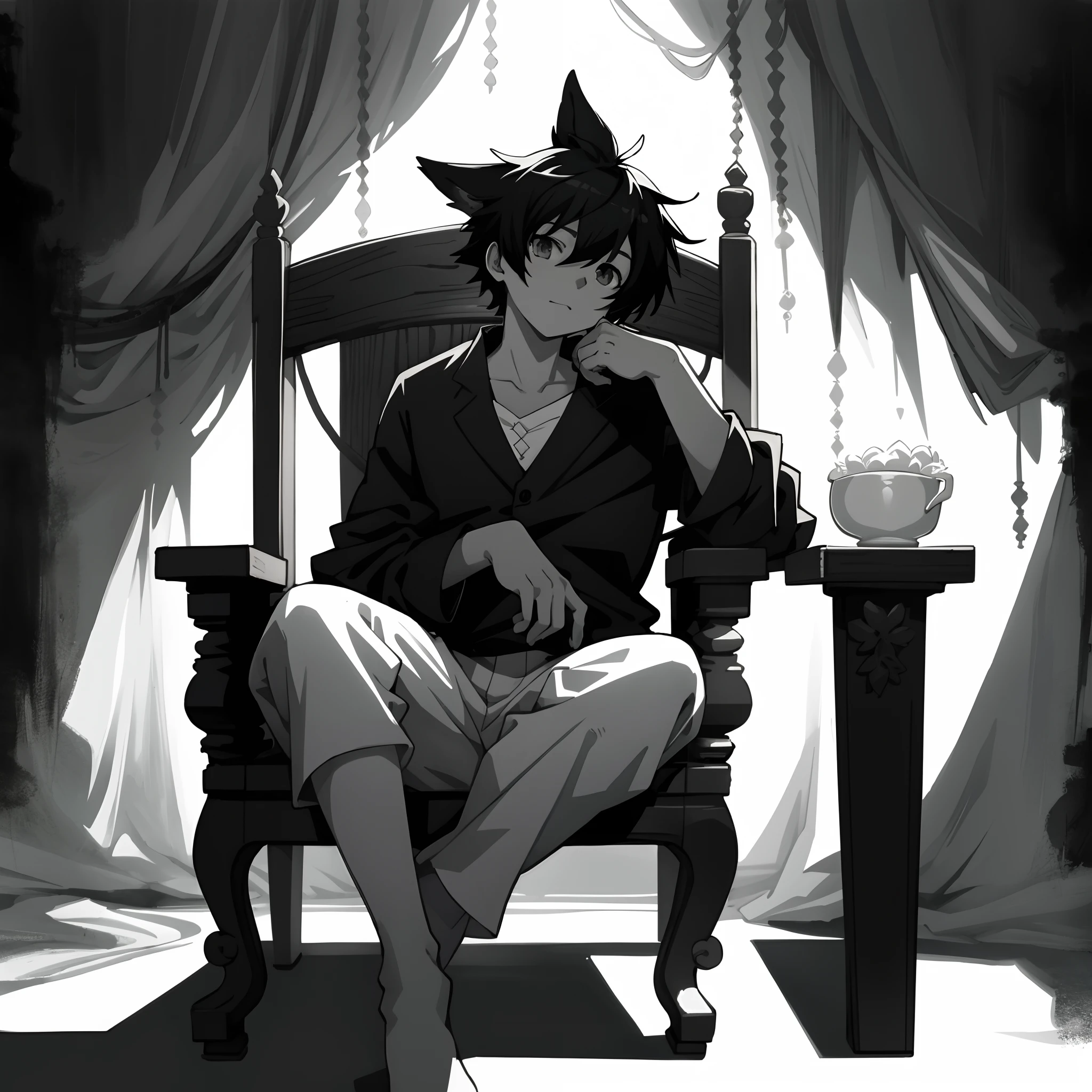 anime girl sitting gorgeous chair, Chiaroscuro, fantasy art, grayscale phtoto, shadow picture, beautiful black color and white color, beautiful anime art style, high quality anime art, high quality anime artstyle, at pixiv,